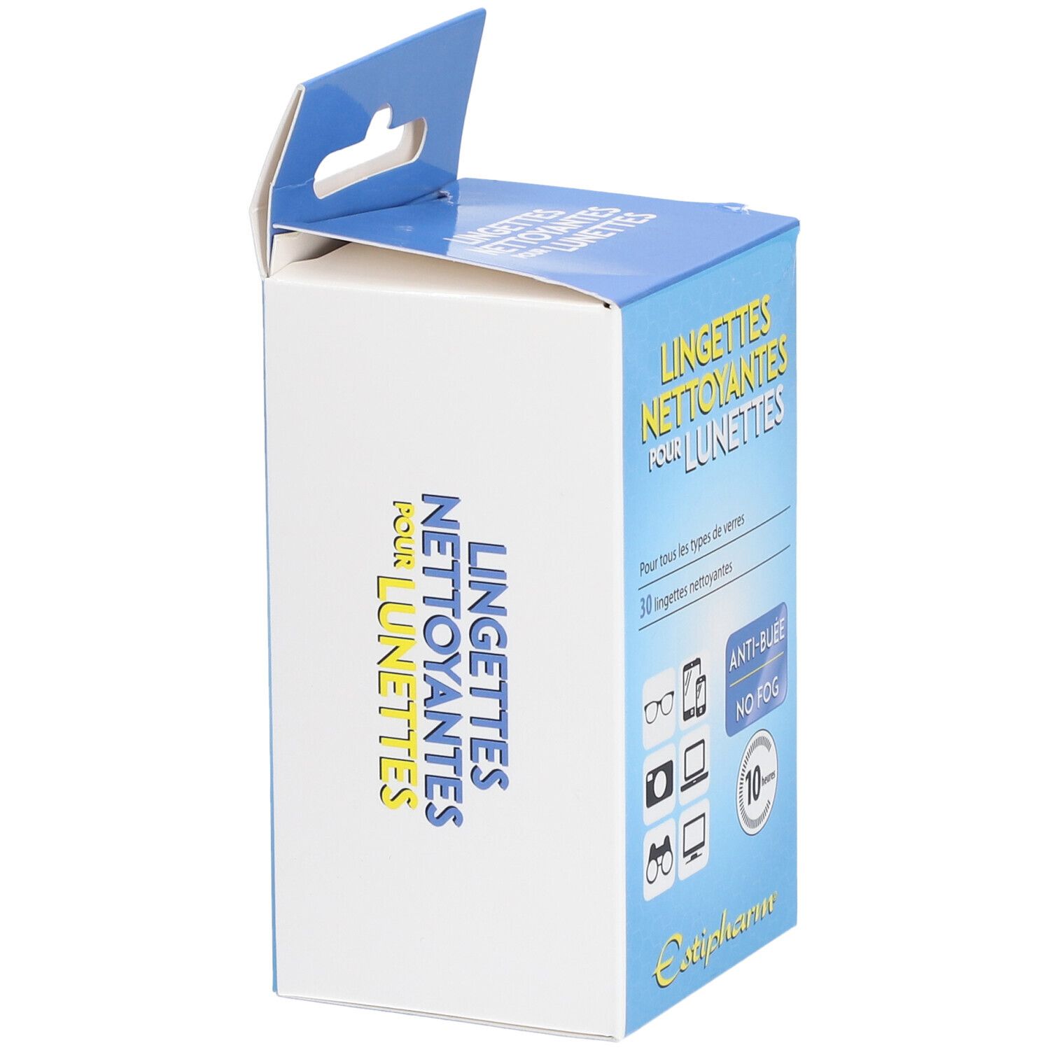 Boîte de lingettes nettoyantes pour lunettes. Emballage bleu et blanc. Texte: Anti-buée, 10 heures.