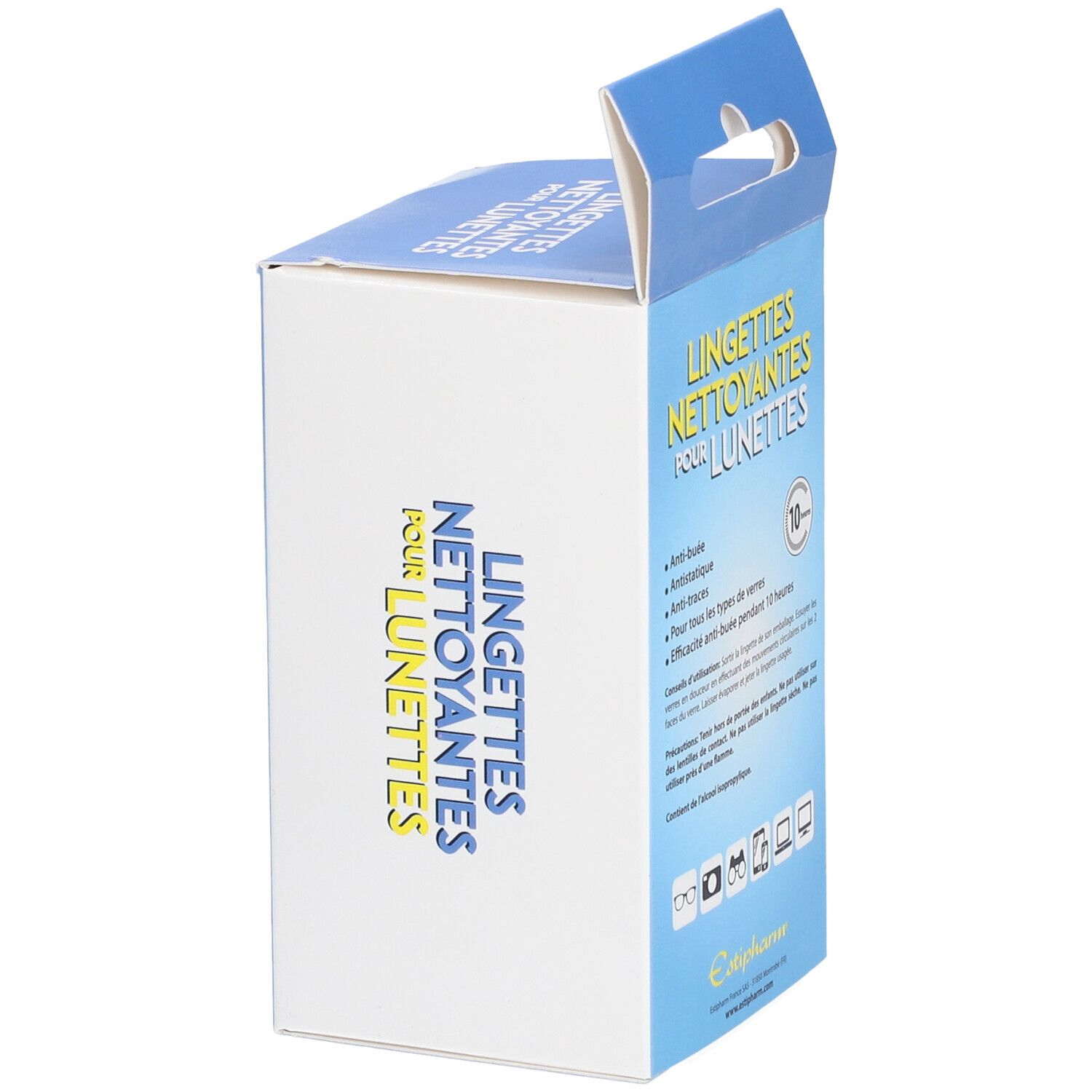 Boîte de lingettes nettoyantes pour lunettes. Emballage bleu et blanc. Texte.
