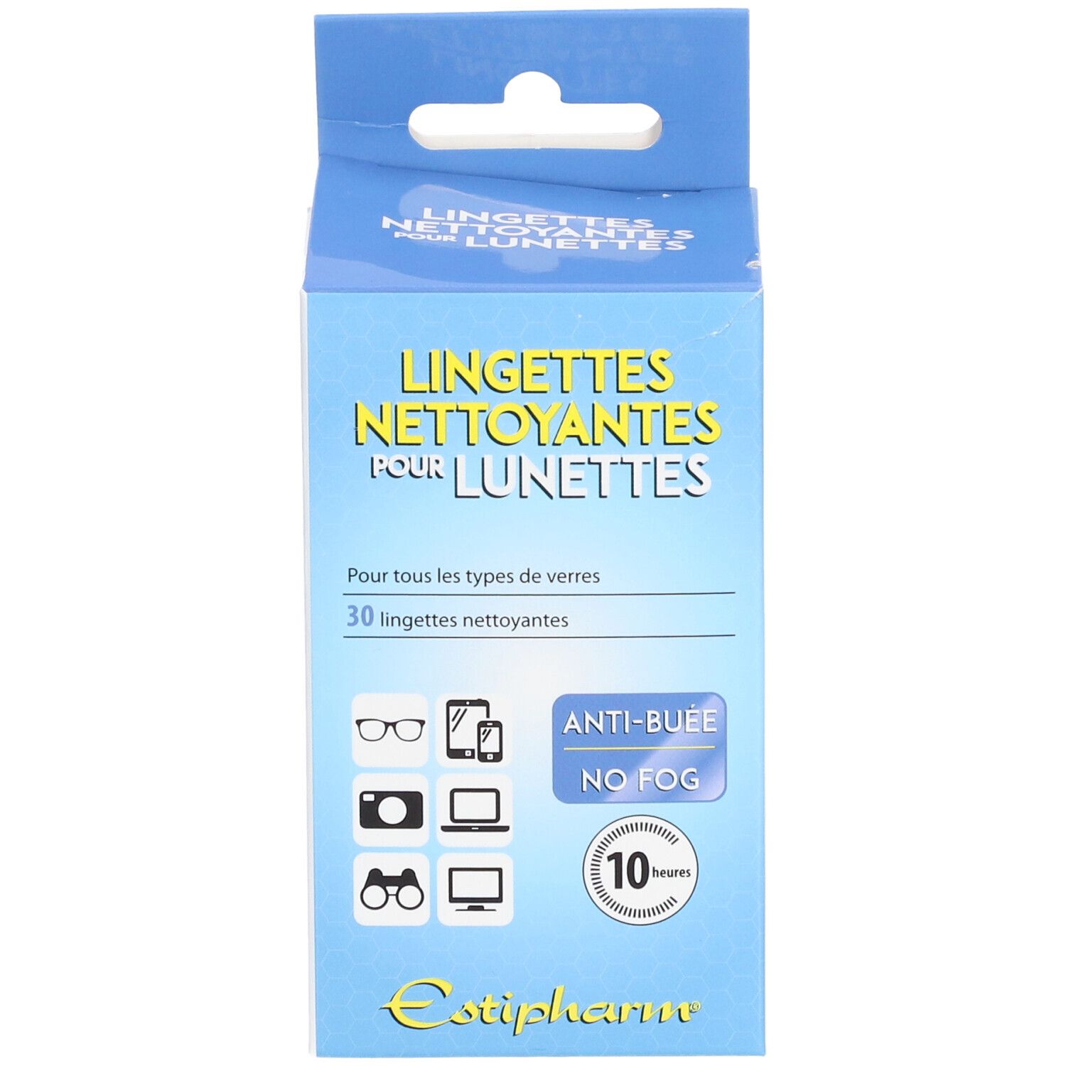 Boîte de lingettes nettoyantes pour lunettes. Emballage bleu et blanc. Texte: Anti-buée, 10 heures.