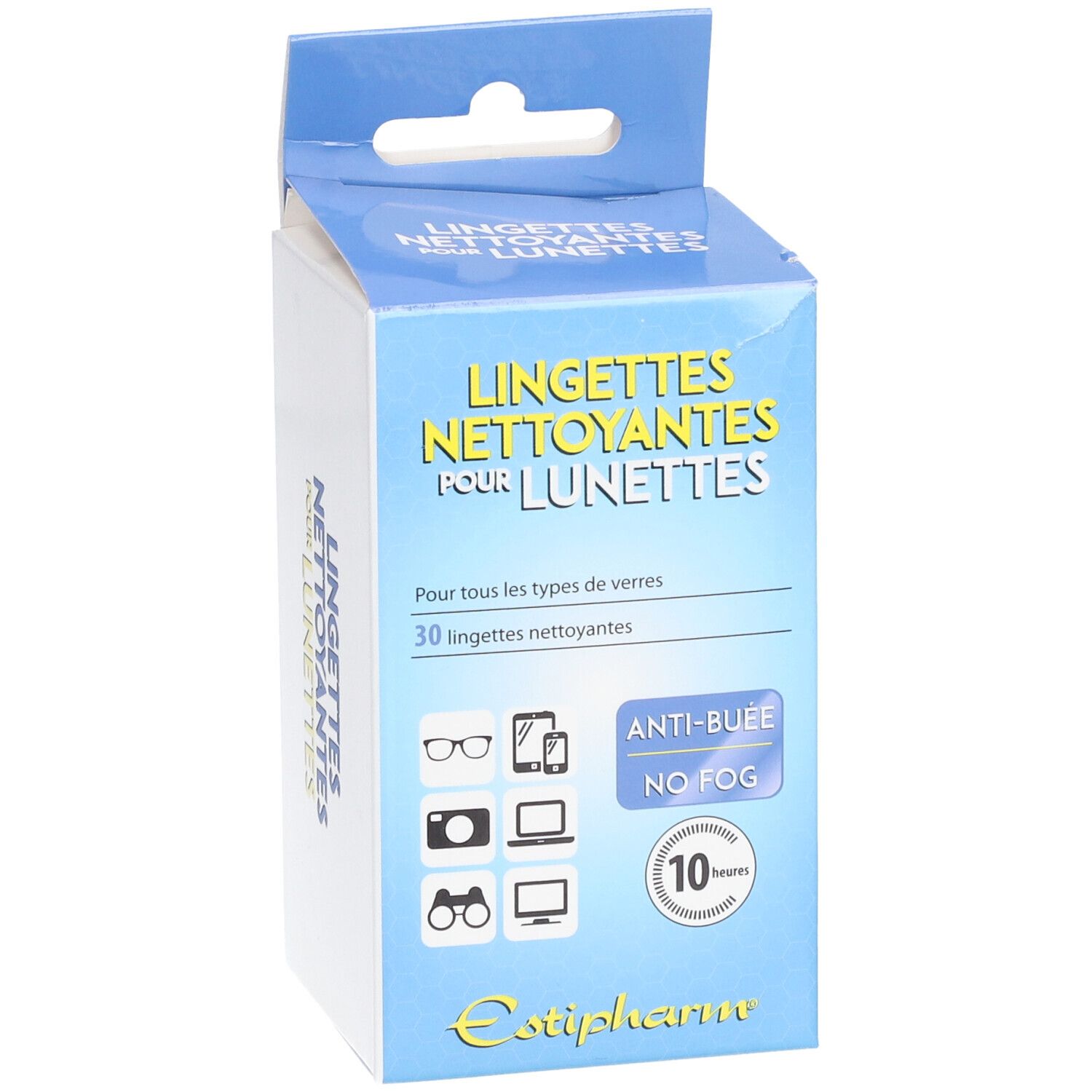 Boîte de lingettes nettoyantes pour lunettes. Emballage bleu et blanc. Texte: Anti-buée, 10 heures.