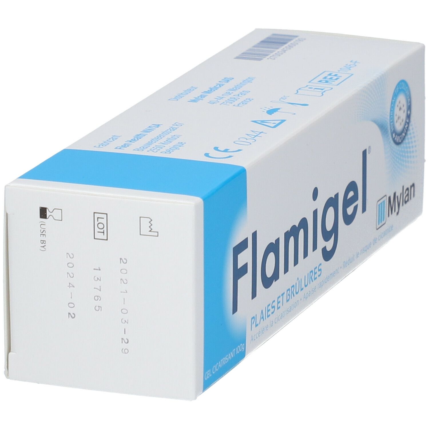 Boîte de Flamigel, vue latérale. Numéro de lot et date de péremption visibles.