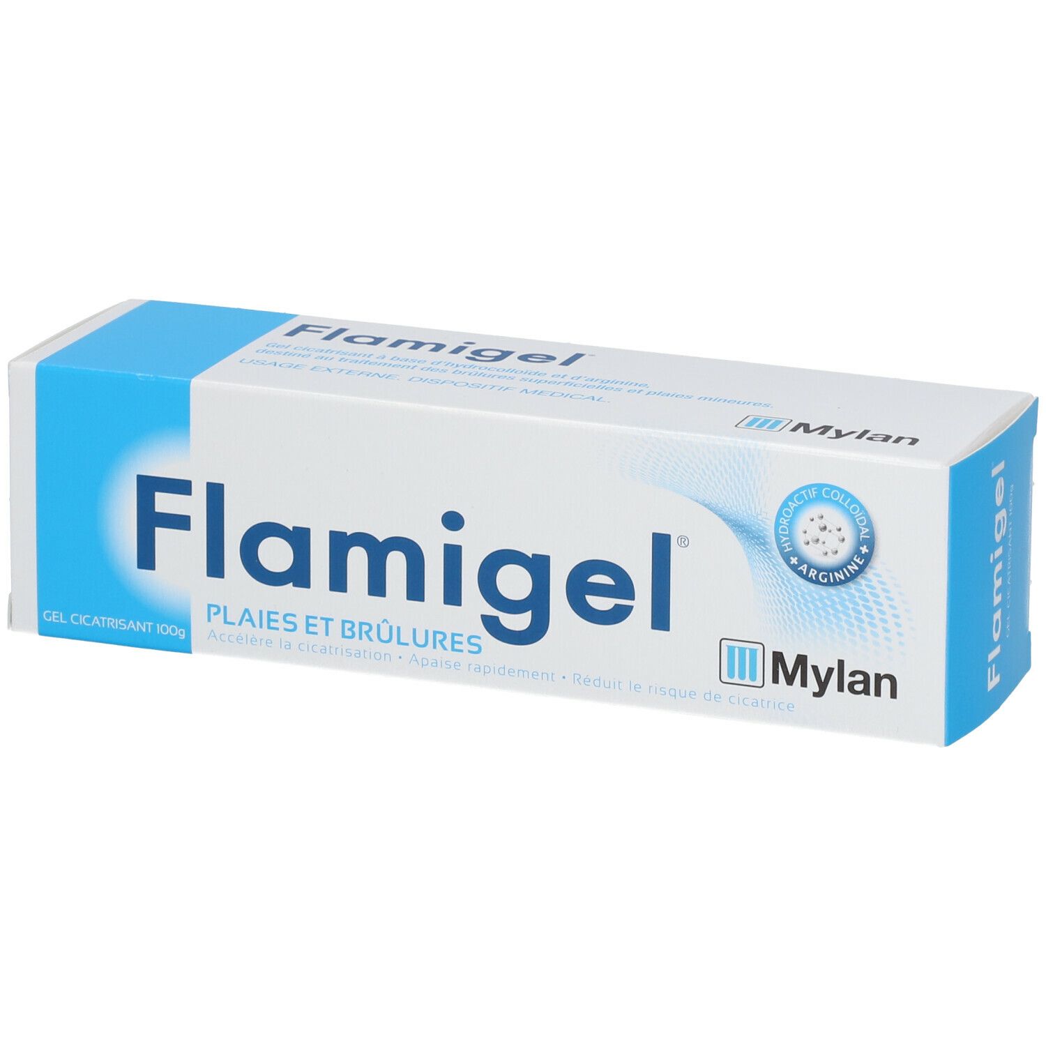 Boîte de Flamigel. Couleurs bleu et blanc. Nom du produit et logo clairement visibles.