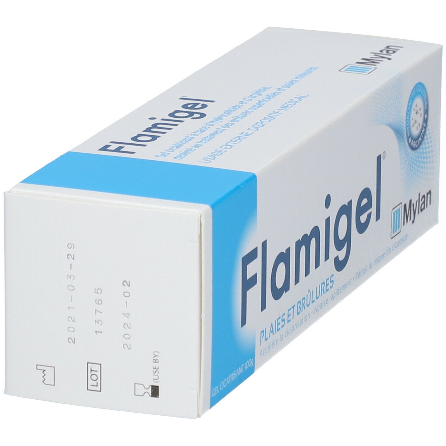 Boîte de Flamigel, vue latérale. Numéro de lot et date de péremption visibles.