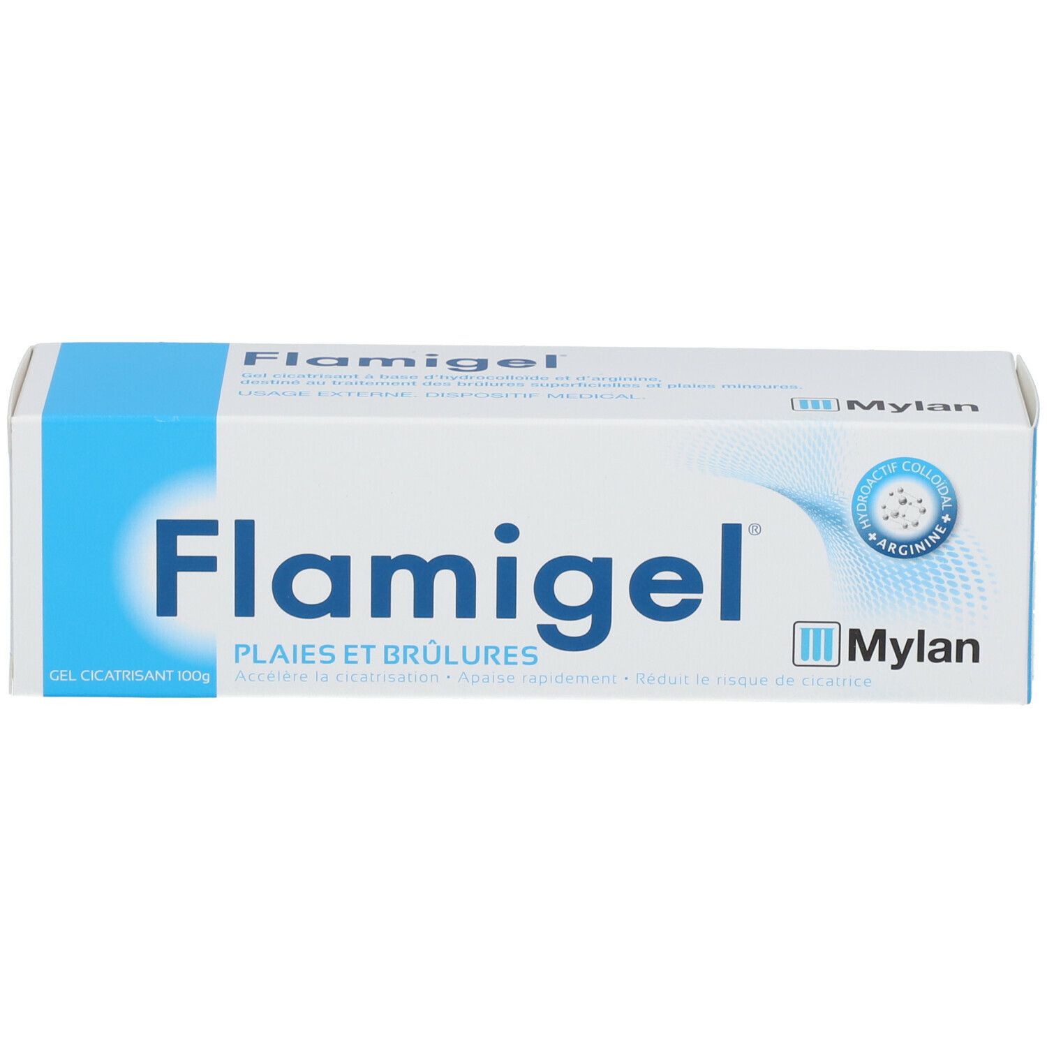 Boîte de Flamigel. Couleurs bleu et blanc. Nom du produit et logo clairement visibles.
