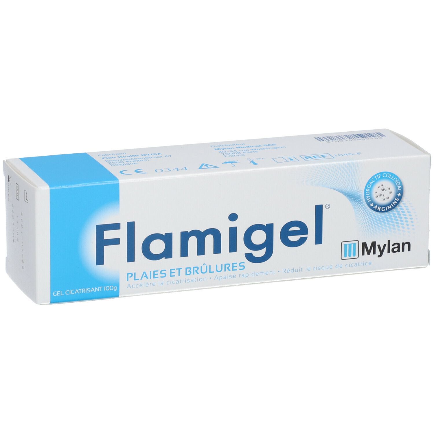 Boîte de Flamigel. Couleurs bleu et blanc. Nom du produit et logo clairement visibles.