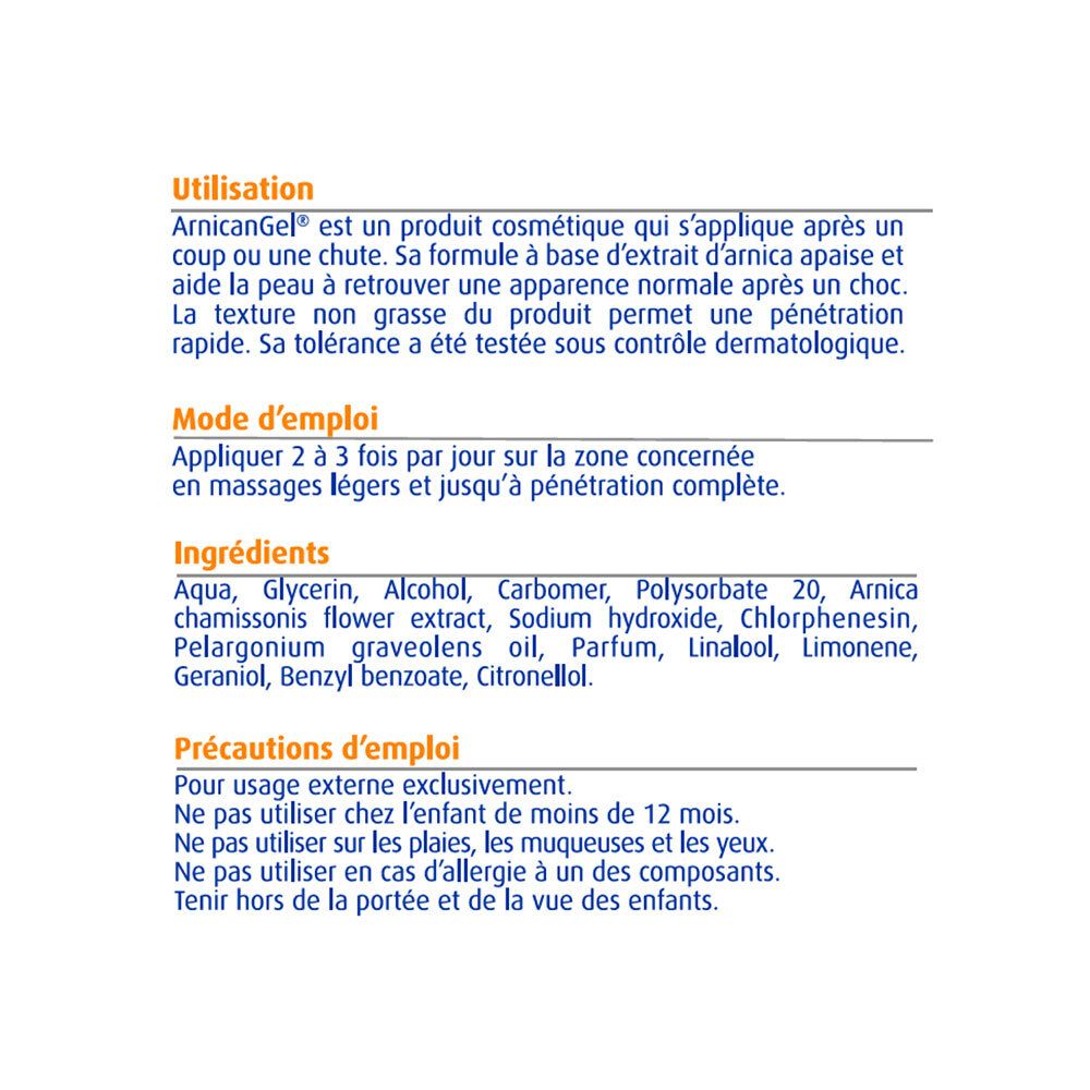 Dos de la boîte d'Arnicagel. Texte sur l'utilisation, les ingrédients et les précautions d'emploi.