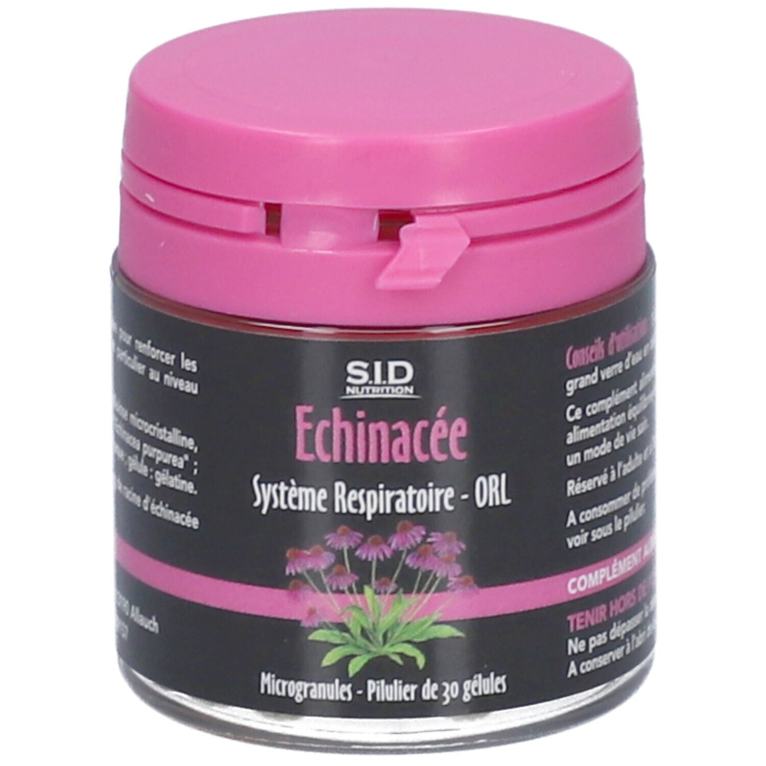 Boîte avec couvercle rose. Inscription: Echinacée Système Respiratoire - ORL. Contient 30 microgranules.