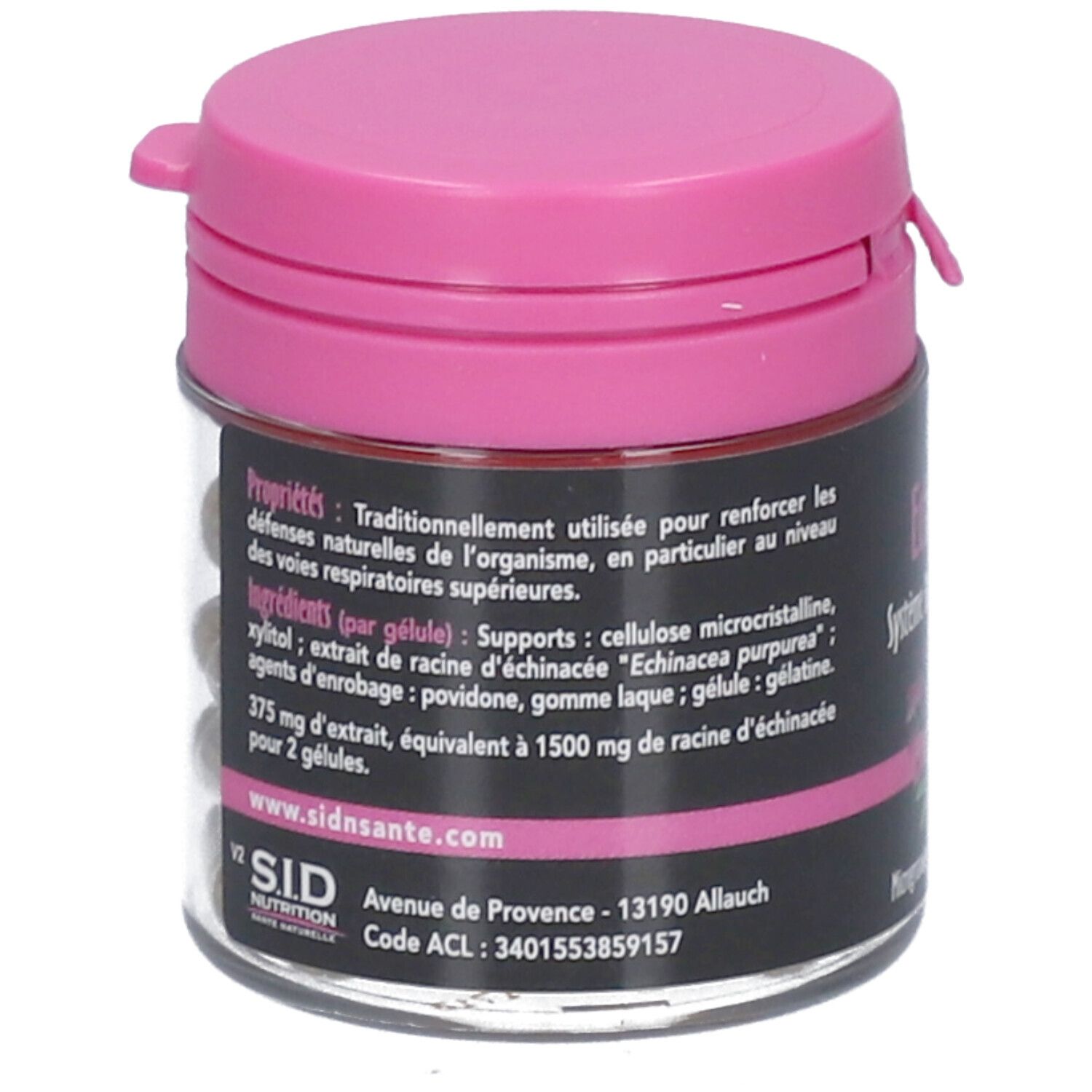 Boîte avec couvercle rose. Inscription: Echinacée Système Respiratoire - ORL. Contient ingrédients et informations.