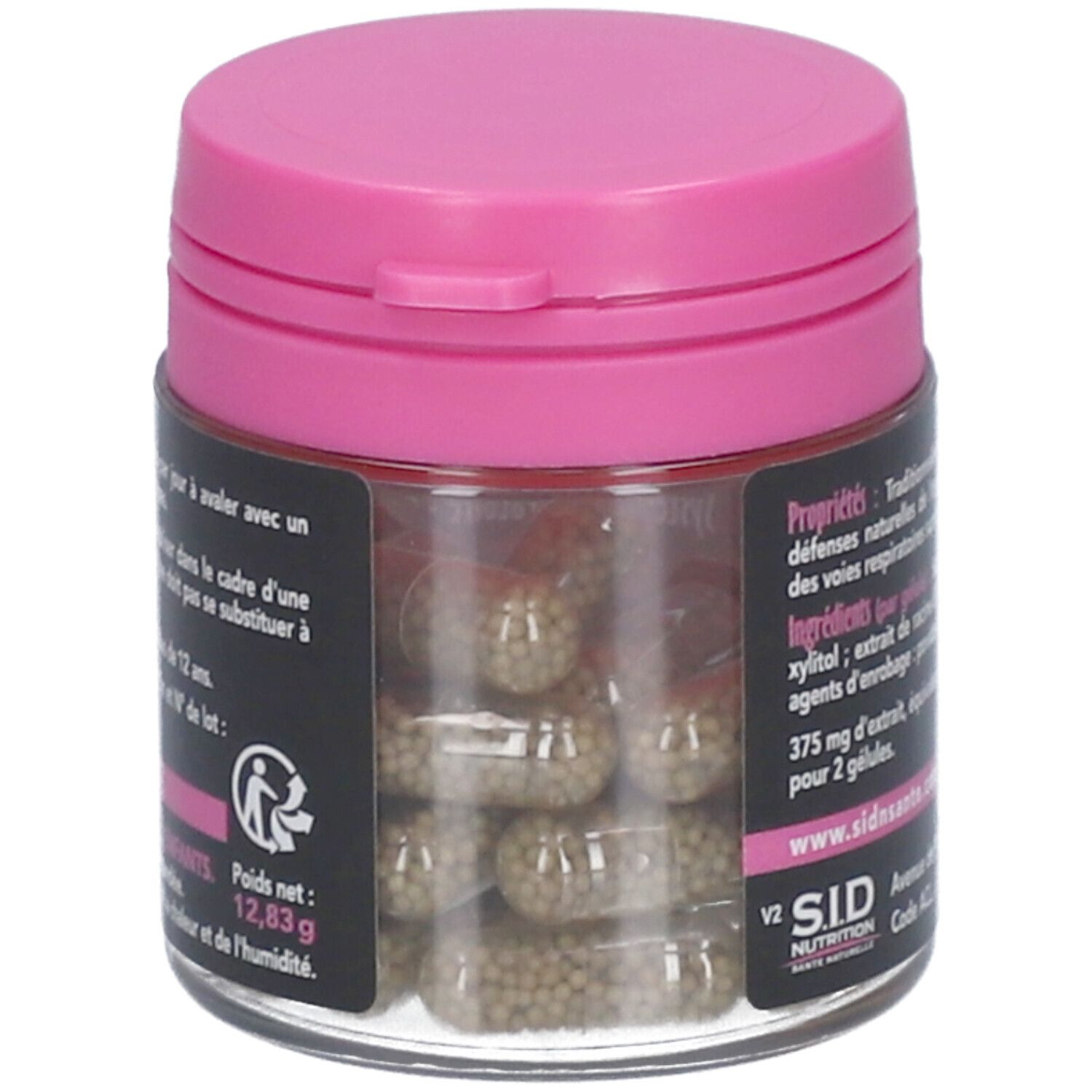 Boîte avec couvercle rose. Capsules avec petites billes visibles. Inscription: Echinacée Système Respiratoire - ORL.