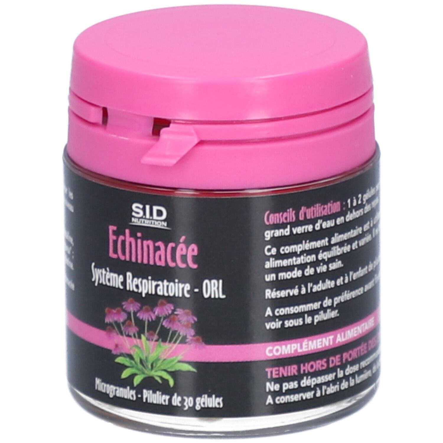 Boîte avec couvercle rose. Inscription: Echinacée Système Respiratoire - ORL. Contient 30 microgranules.