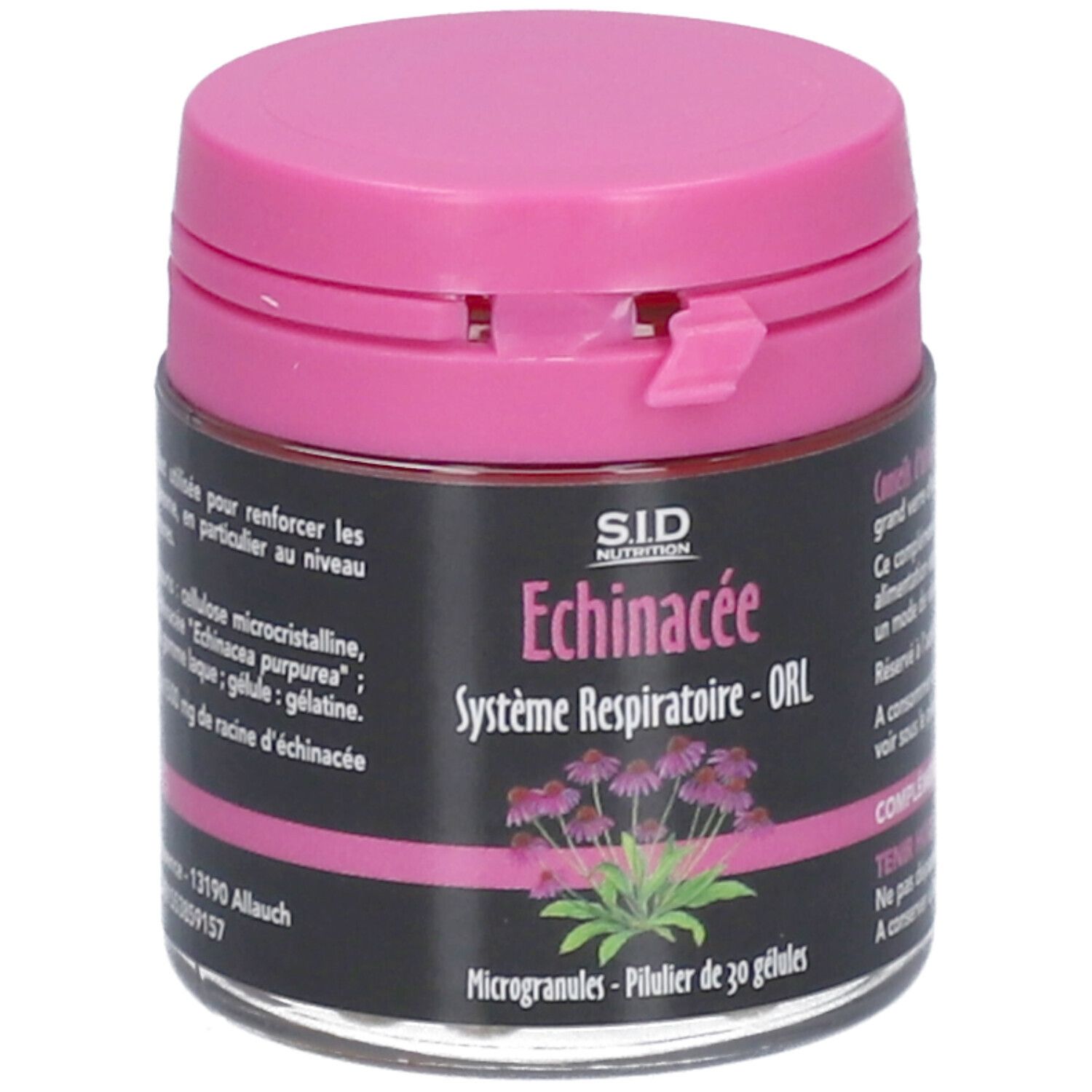 Boîte avec couvercle rose. Inscription: Echinacée Système Respiratoire - ORL. Contient ingrédients et informations.