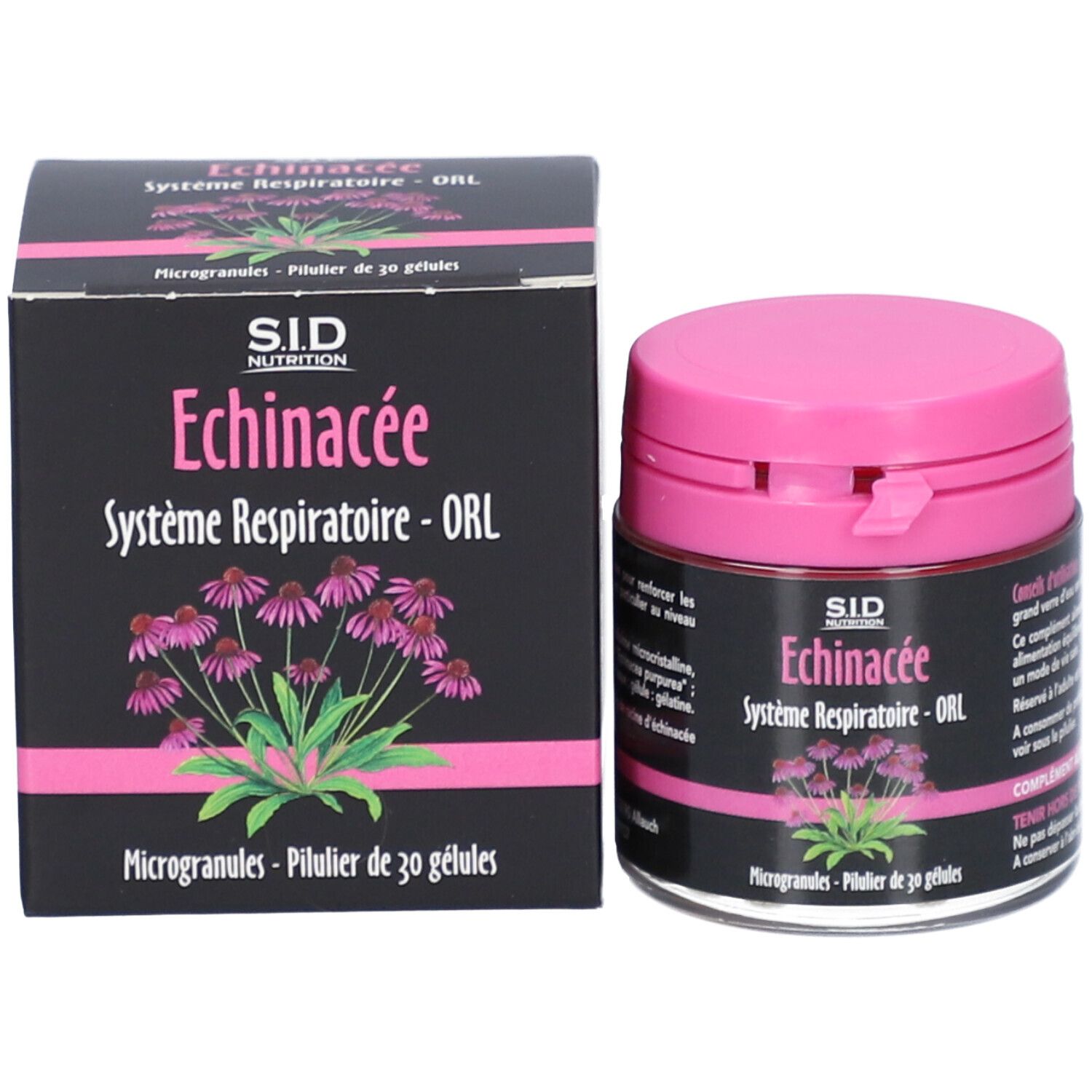 Emballage et boîte. Inscription: Echinacée Système Respiratoire - ORL. Contient 30 microgranules.