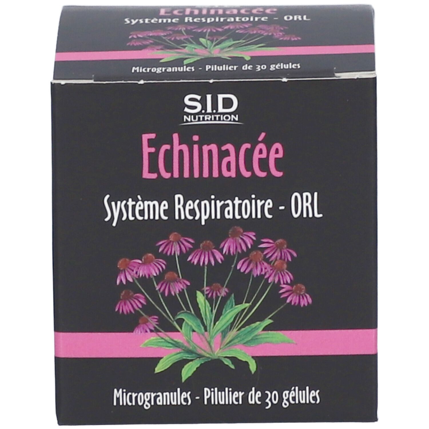 Emballage du produit. Inscription: Echinacée Système Respiratoire - ORL. Contient 30 microgranules.