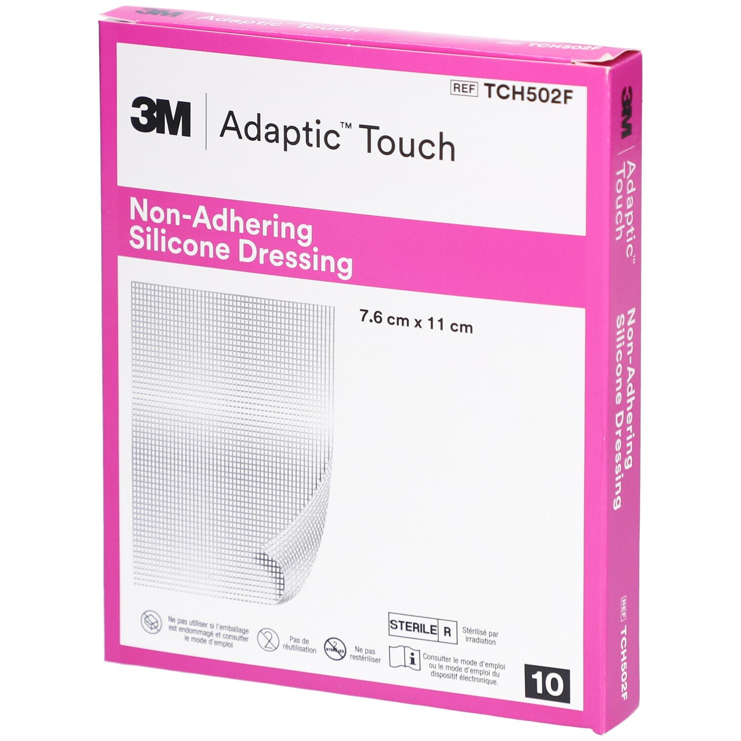 Boîte rose 3M Adaptic Touch. Pansement silicone non adhérent stérile, 7,6 cm x 11 cm. Contient 10 unités.
