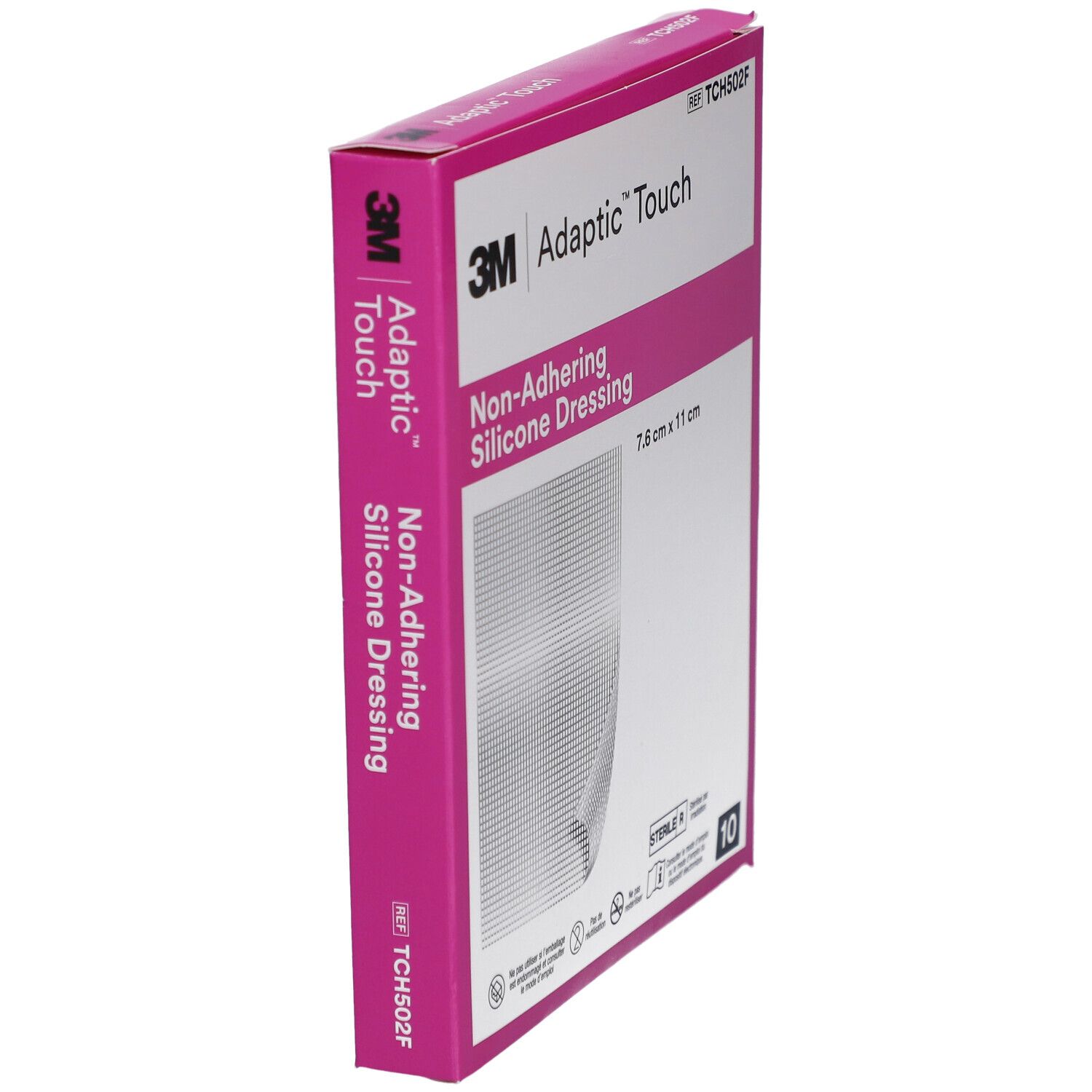 Boîte rose 3M Adaptic Touch. Pansement silicone non adhérent. Dimensions : 7,6 cm x 11 cm. Stérile.