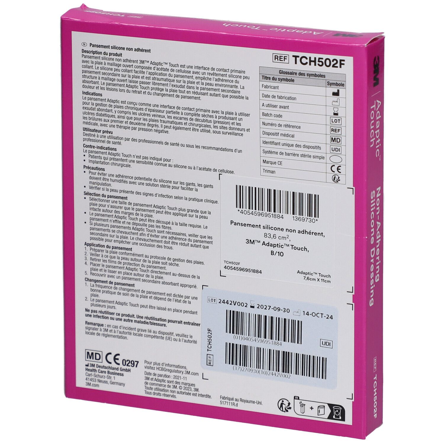 Dos de la boîte rose 3M Adaptic Touch. Informations produit, numéro de lot, date d'expiration et marquage CE.