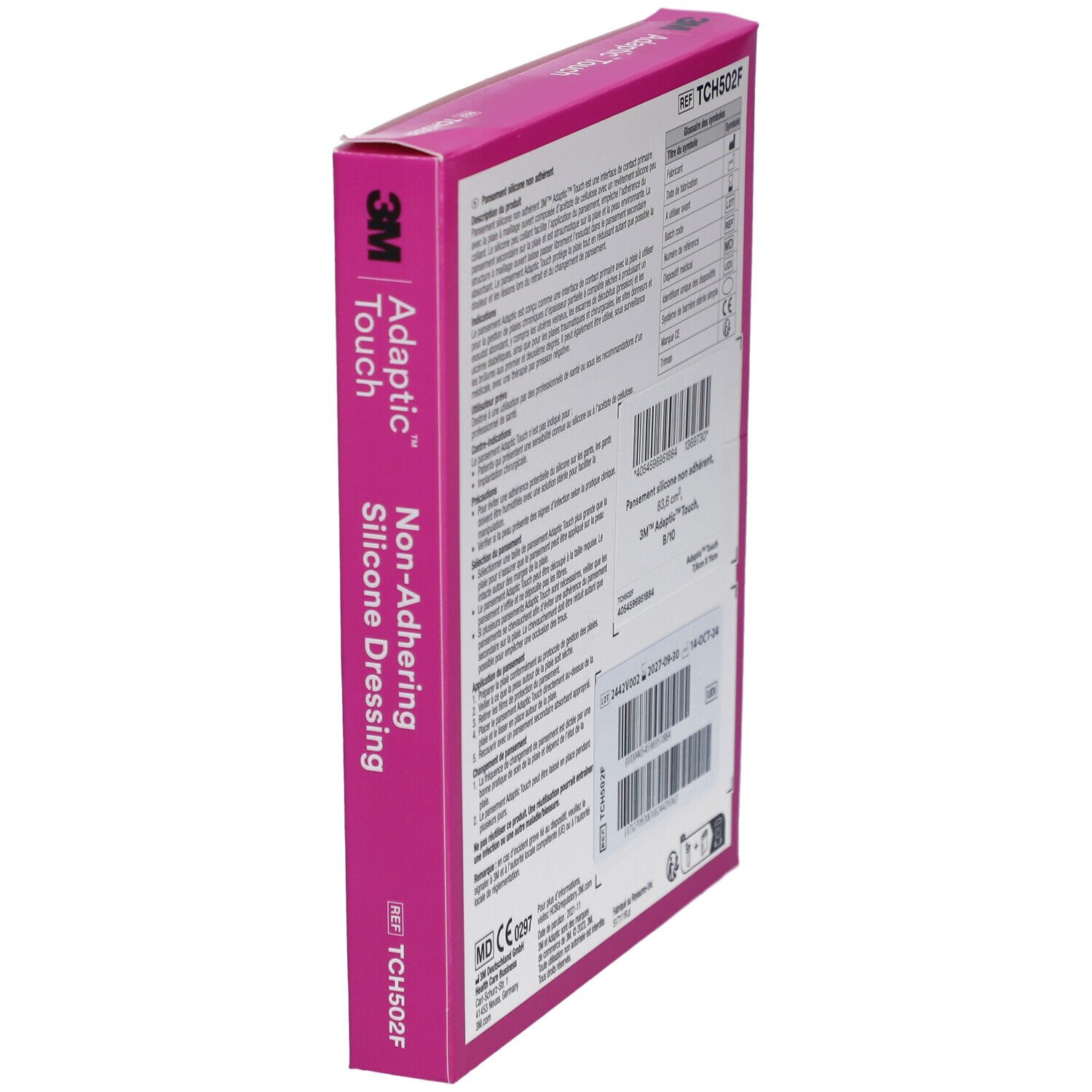 Côté de la boîte rose 3M Adaptic Touch. Informations produit et marquage CE.
