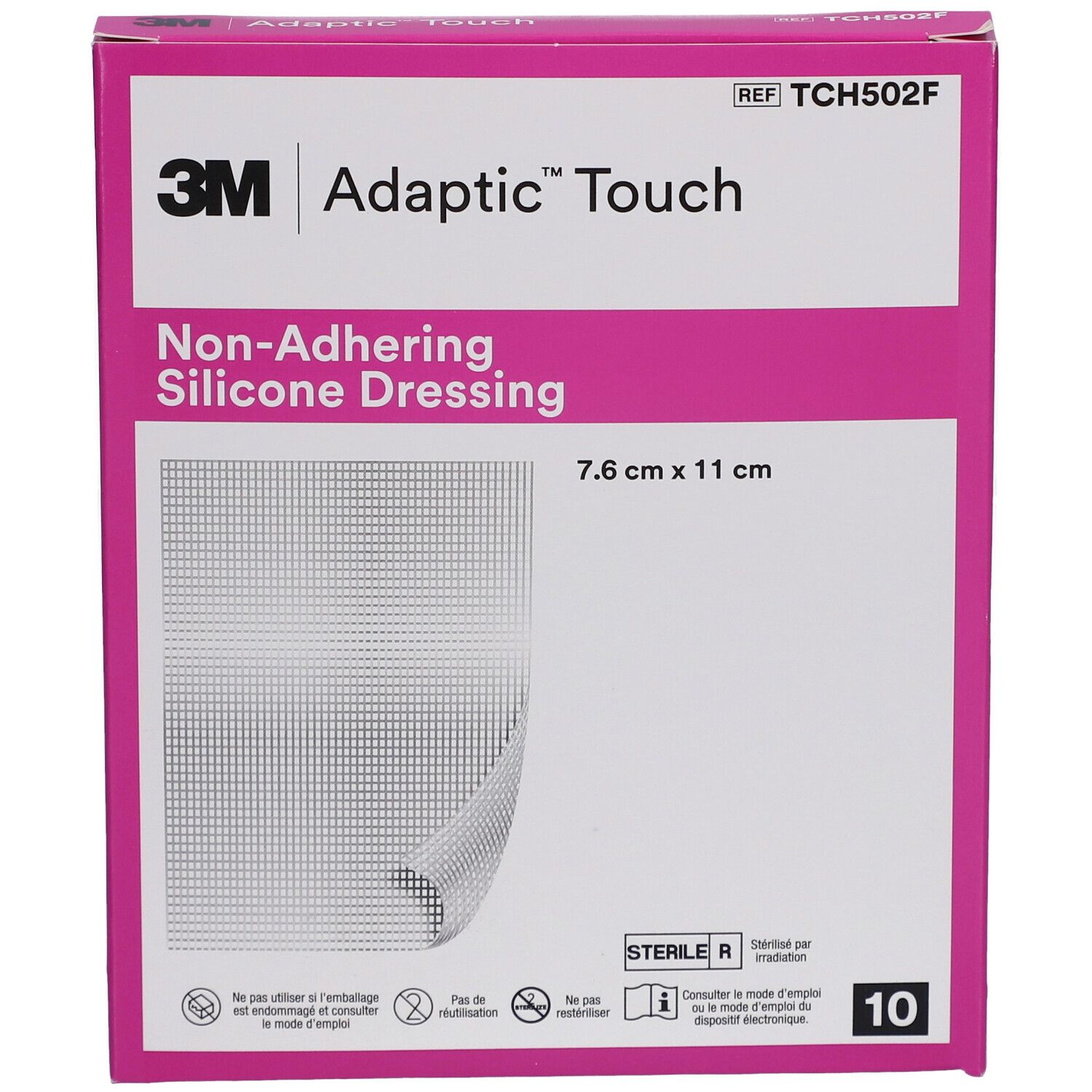 Boîte rose 3M Adaptic Touch. Pansement silicone non adhérent. Dimensions : 7,6 cm x 11 cm. 10 unités.