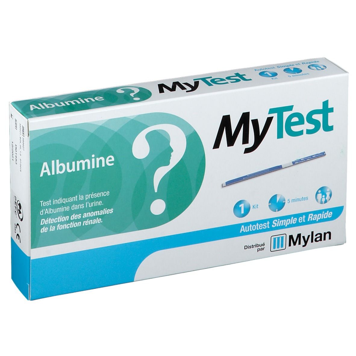 Boîte MyTest Albumine Autotest. Inscription Albumine, silhouette point d'interrogation, 1 kit, 5 minutes. Distribué par Mylan.