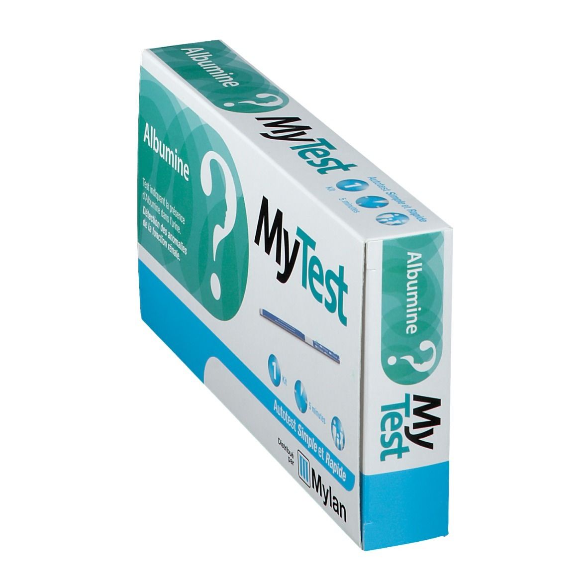 Boîte MyTest Albumine Autotest, en biais. Inscription Albumine, silhouette point d'interrogation, MyTest. Distribué par Mylan. Emballage bleu et blanc.