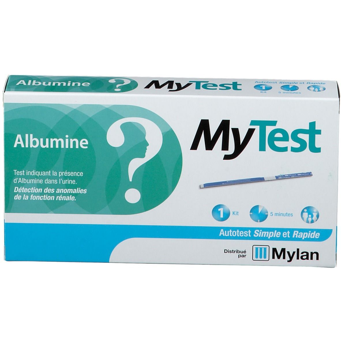 Boîte MyTest Albumine Autotest. Inscription Albumine, silhouette point d'interrogation, MyTest, 1 kit, 5 minutes. Distribué par Mylan. Emballage bleu et blanc.