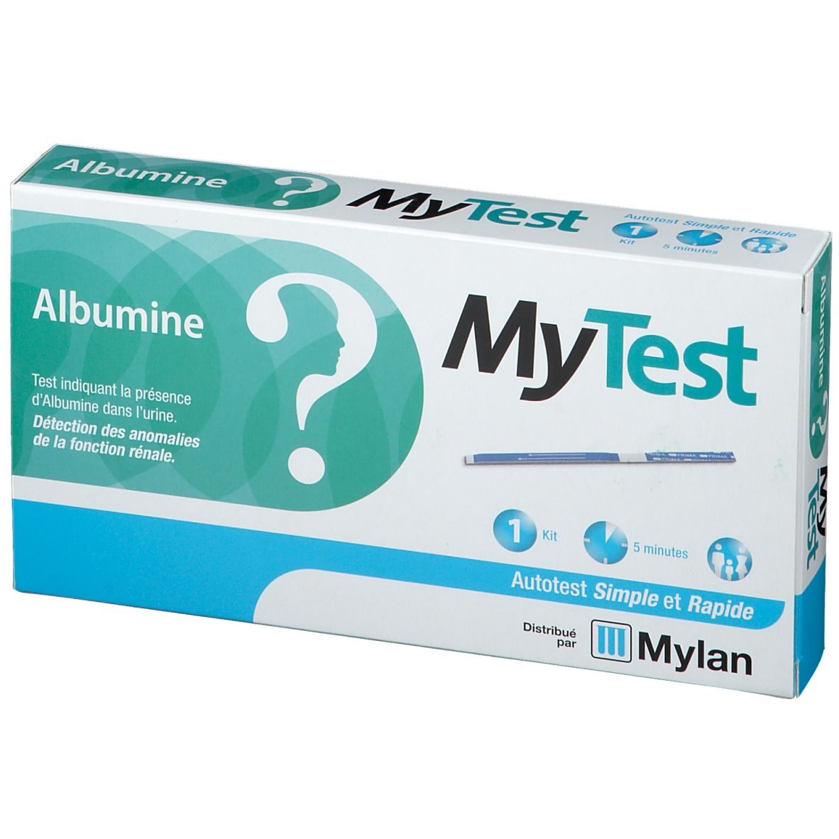 Boîte MyTest Albumine Autotest. Inscription Albumine, silhouette point d'interrogation, MyTest, 1 kit, 5 minutes. Distribué par Mylan. Emballage bleu et blanc.