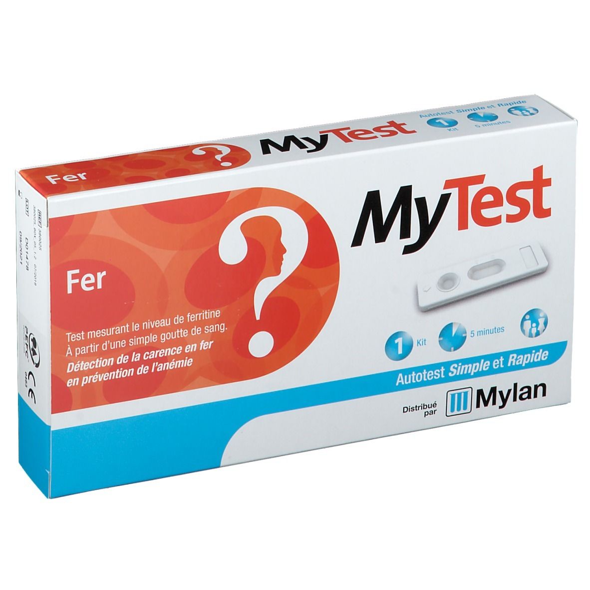 Boîte MyTest Fer Test. Contient une bandelette de test. Inscription: Autotest Simple et Rapide. Distribué par Mylan.