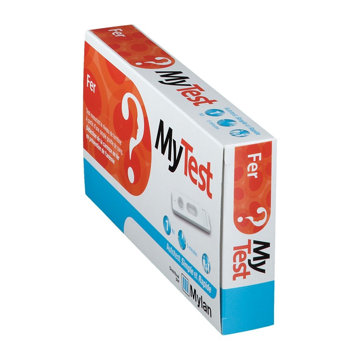 Vue en biais de la boîte MyTest Fer Test. Inscriptions: MyTest, Fer, Autotest Simple et Rapide. Distribué par Mylan.