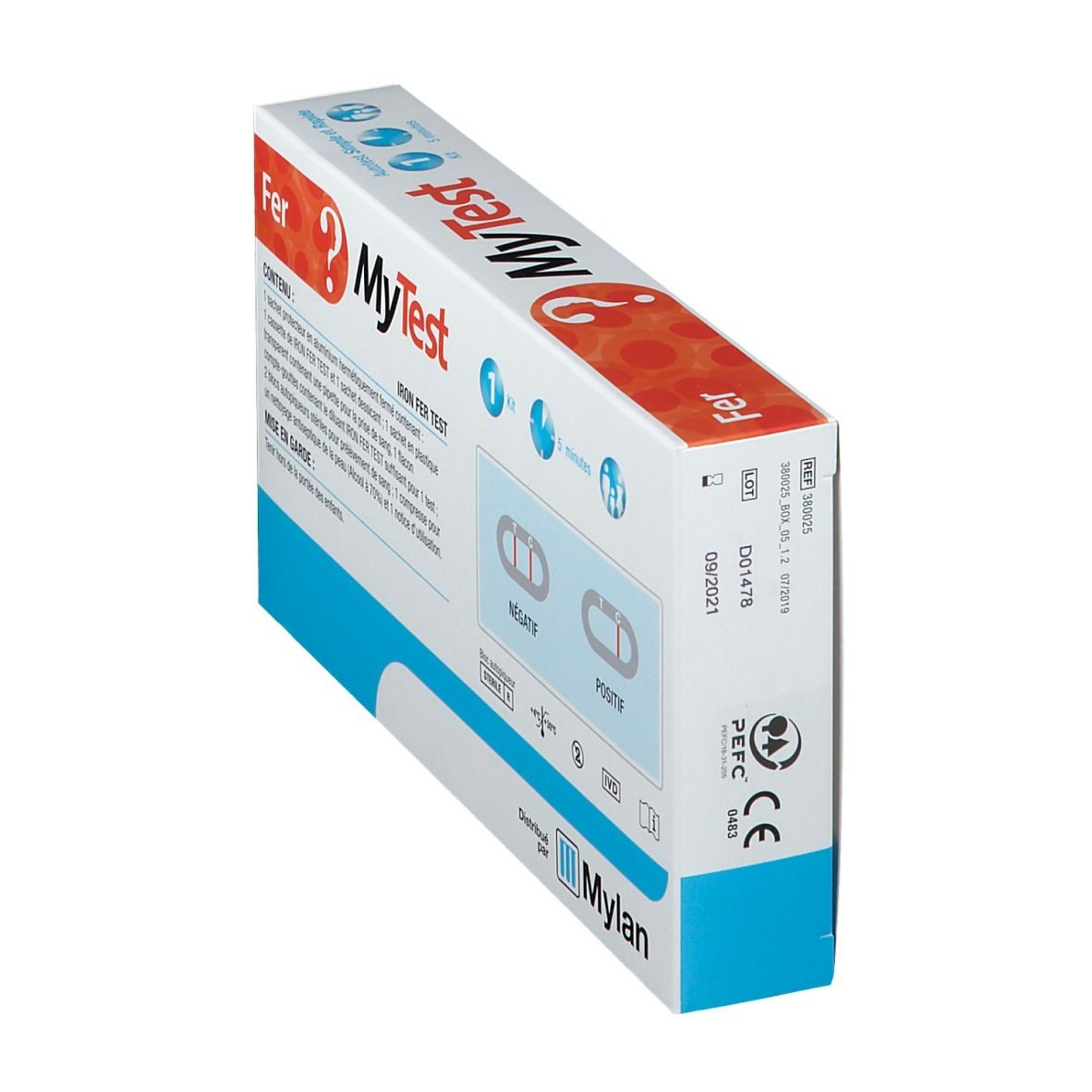 Dos de la boîte MyTest Fer Test. Contient des informations et des logos. Distribué par Mylan. Avec marquage CE.
