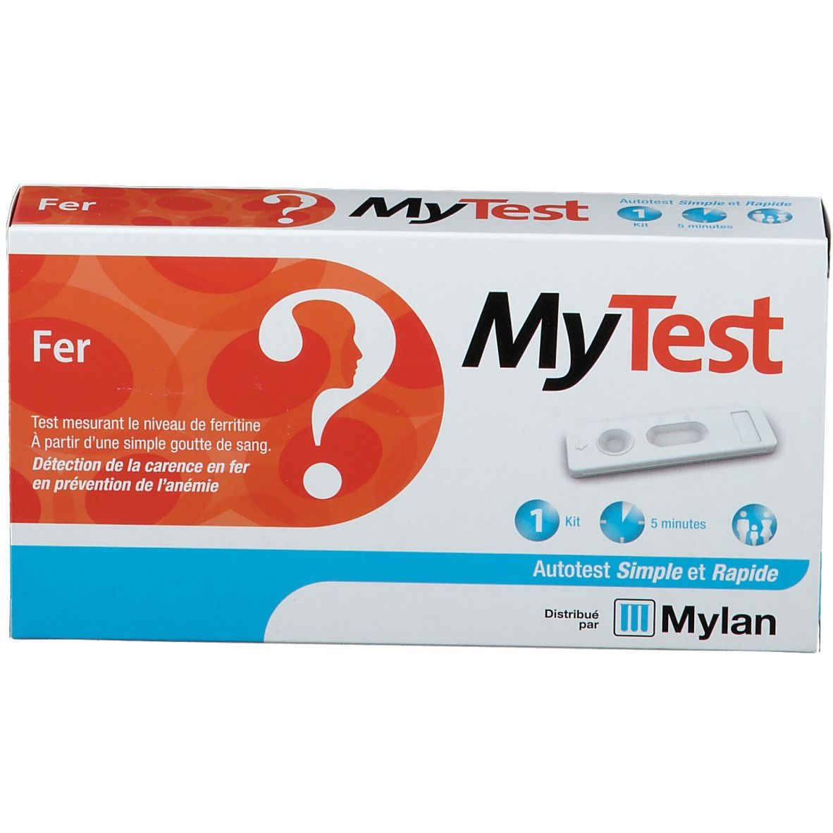 Boîte MyTest Fer Test. Contient une bandelette de test. Inscription: Autotest Simple et Rapide. Distribué par Mylan.