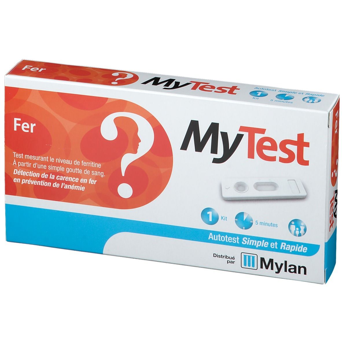 Boîte MyTest Fer Test. Contient une bandelette de test. Inscription: Autotest Simple et Rapide. Distribué par Mylan.
