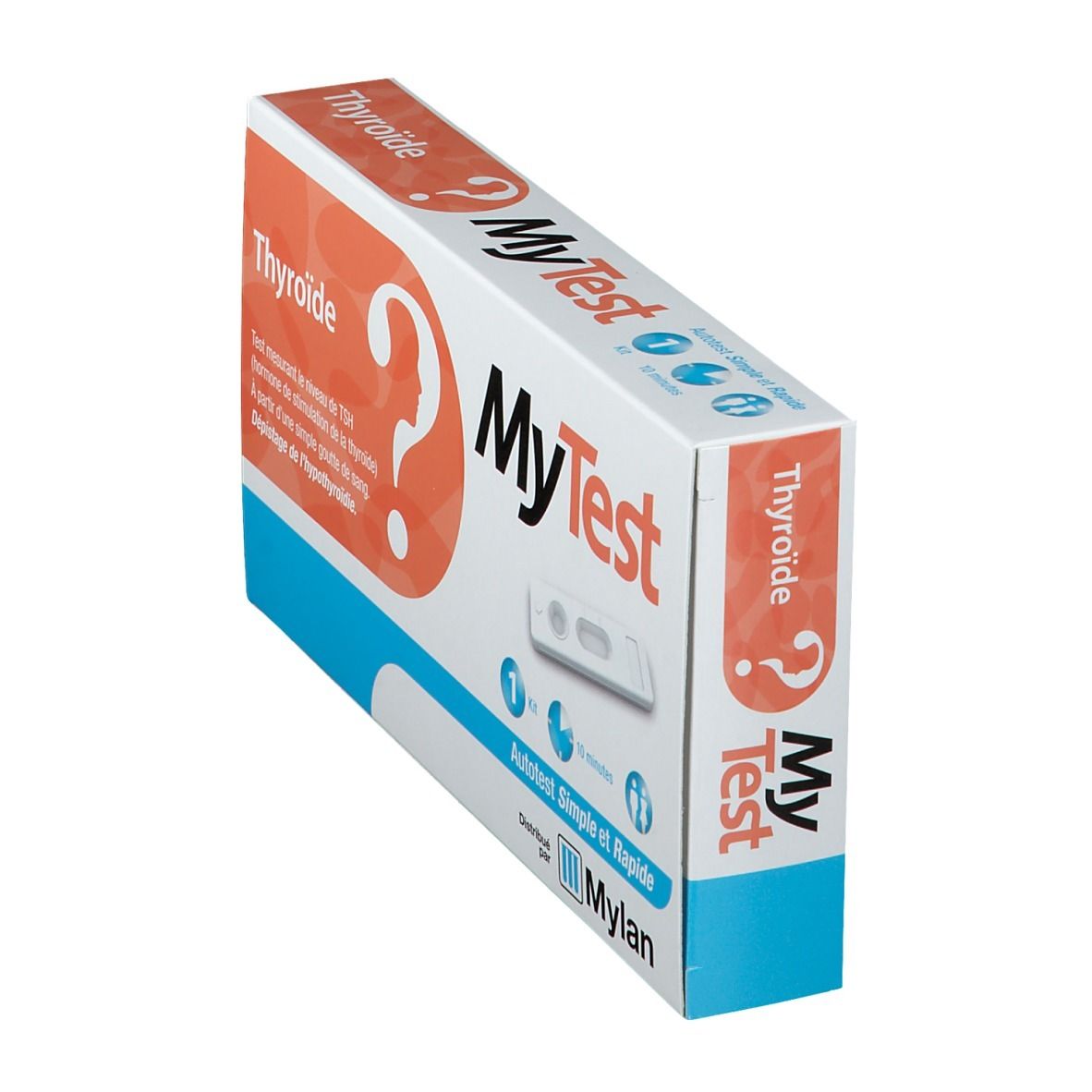 Boîte en carton "MyTest Thyroïde". Inscriptions et logos en français. Vue en perspective.