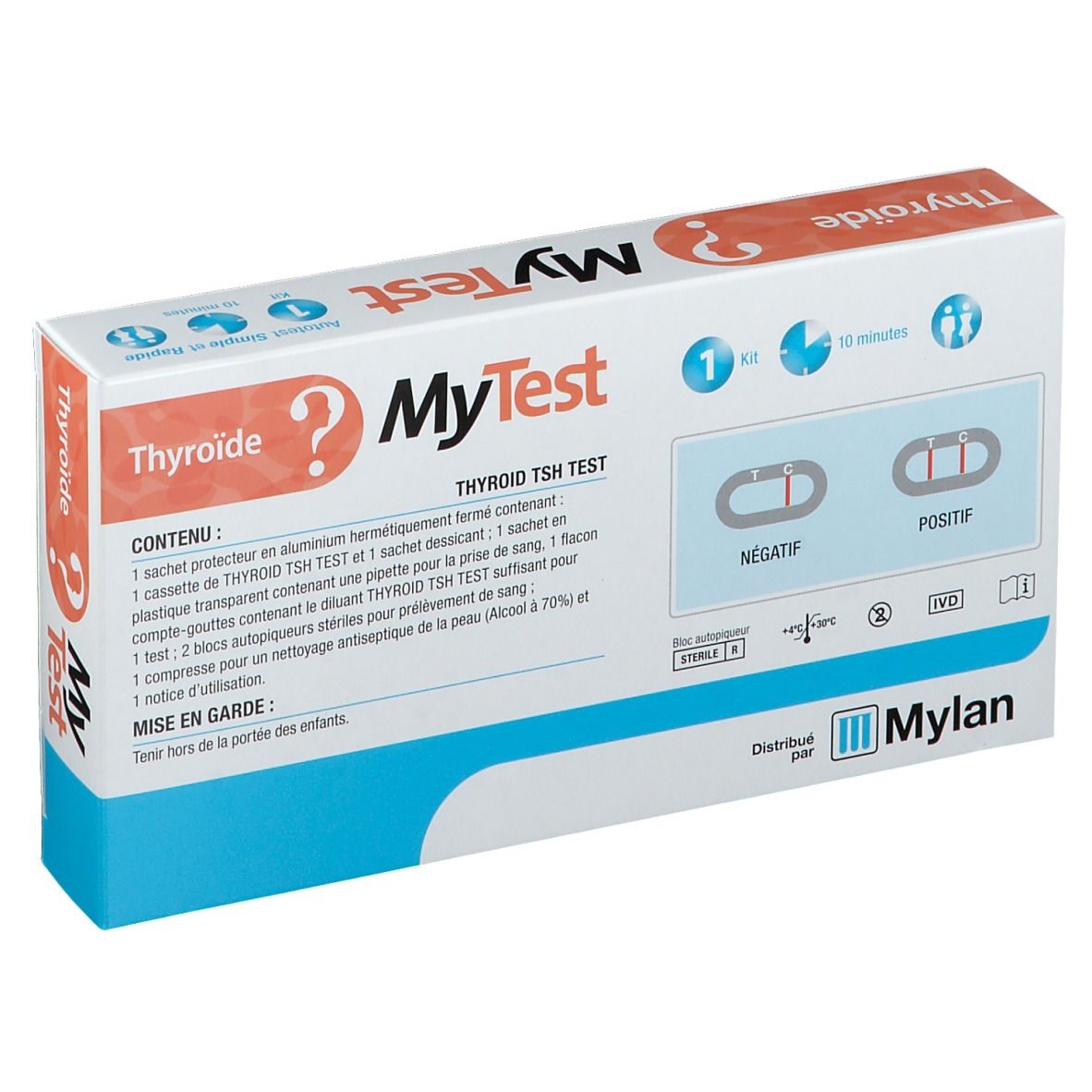 Boîte "MyTest Thyroïde" avec composants du test. Contient bandelette, pipette et instructions. Inscriptions en français.