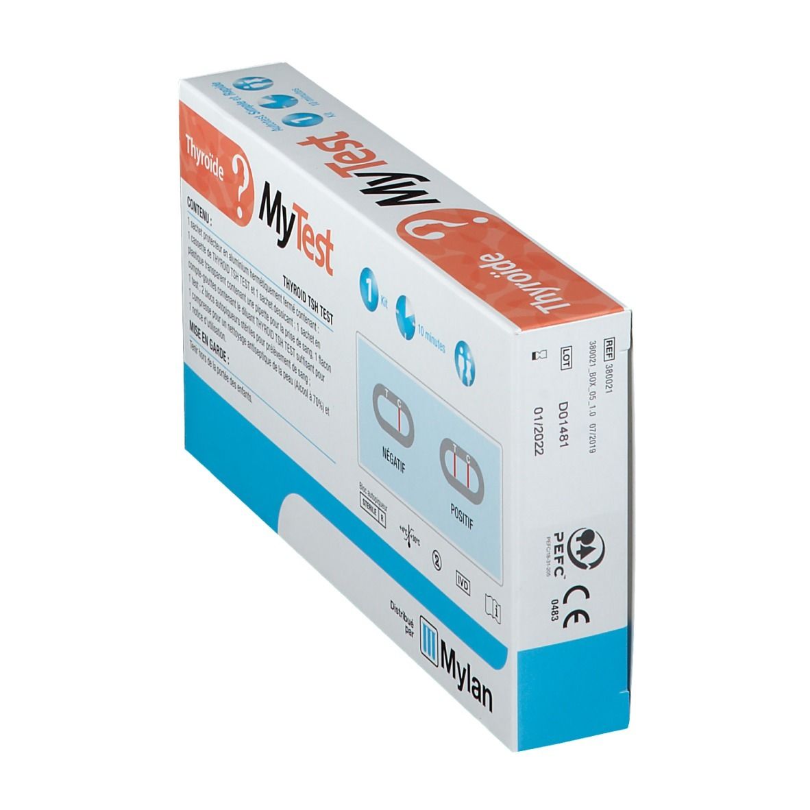 Boîte "MyTest Thyroïde" avec marquage CE et label PEFC. Contient composants du test. Inscriptions en français.