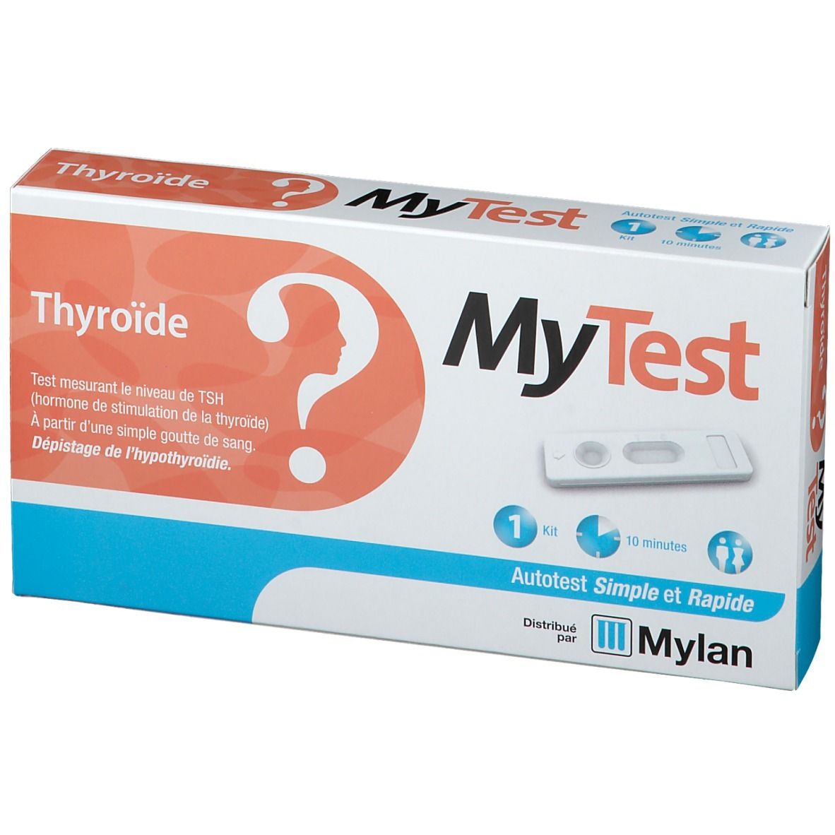 Boîte "MyTest Thyroïde". Contient composants du test. Inscriptions en français. Mention "Autotest Simple et Rapide".