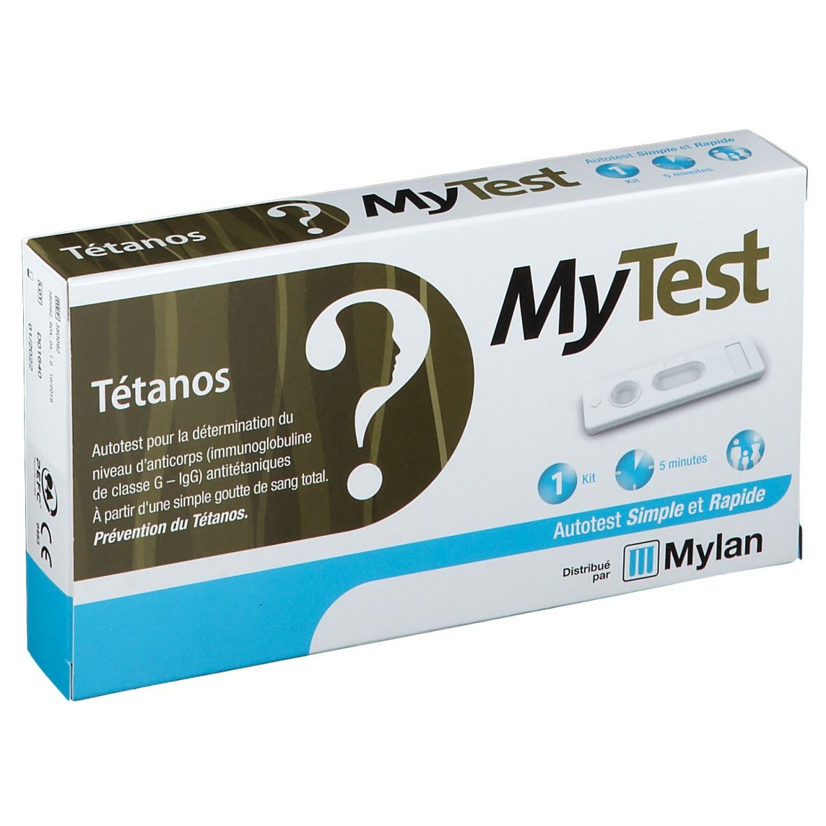 Boîte "MyTest Tétanos Test". Inscription "Tétanos" et point d'interrogation. Contient bandelette et notice d'utilisation.