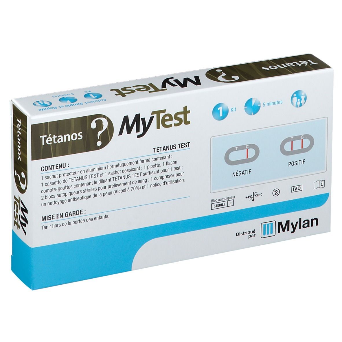 Boîte "MyTest Tétanos Test" ouverte. Contient bandelette, pipette, tampon et notice. Résultats : Négatif/Positif.