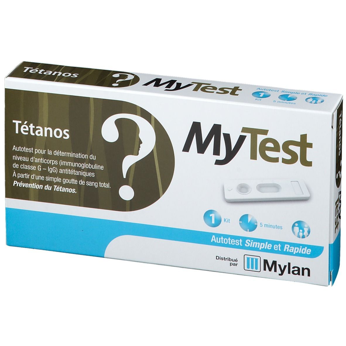 Boîte "MyTest Tétanos Test". Inscription "Tétanos" et point d'interrogation. Contient bandelette et notice d'utilisation.