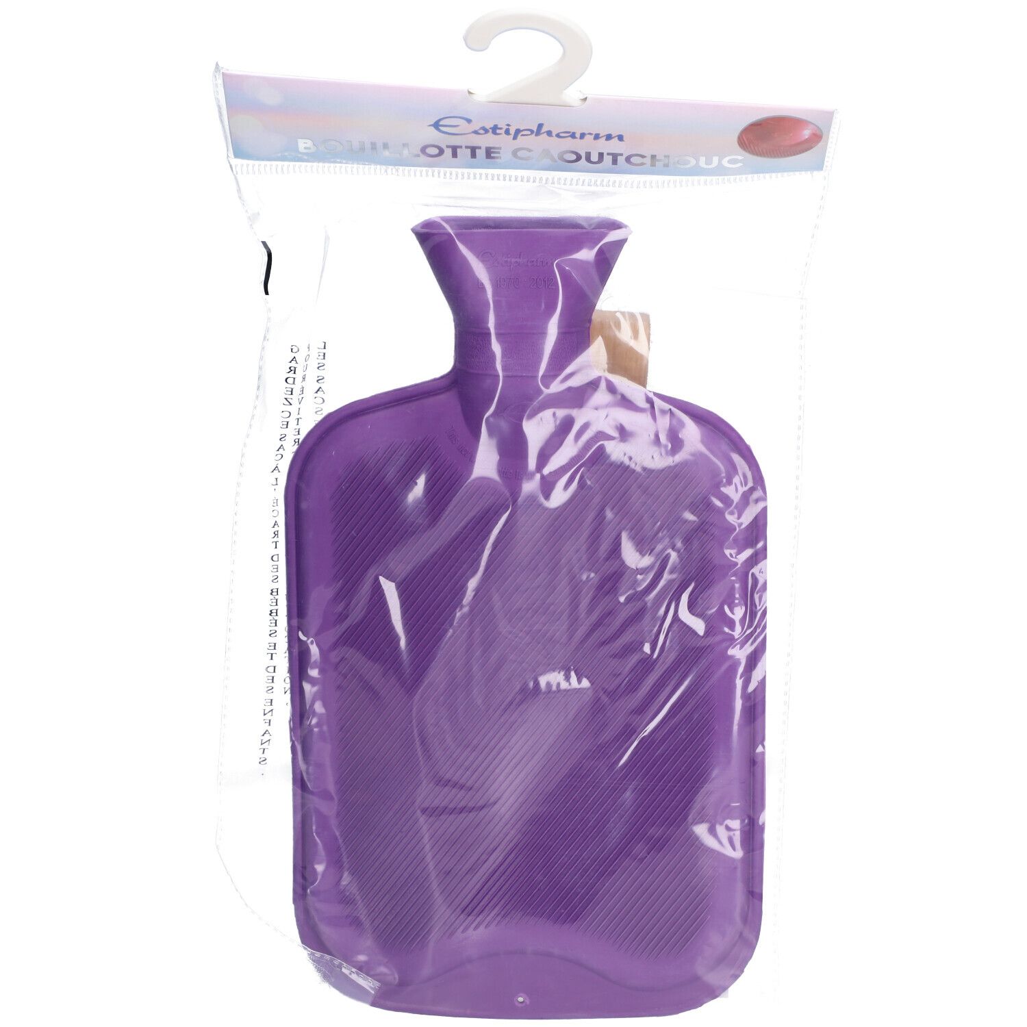 Bouillotte violette dans un emballage plastique. Inscription Estipharm. Dispositif de suspension.