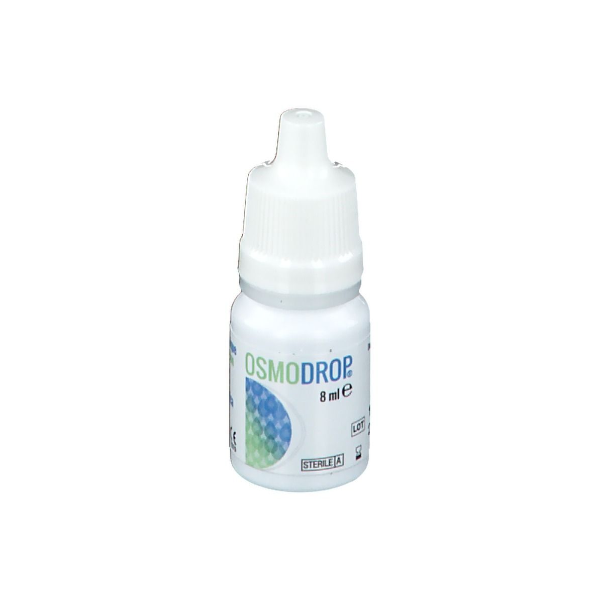 Flacon de collyre blanc avec graphique bleu-vert et texte OSMODROP. 8 ml.