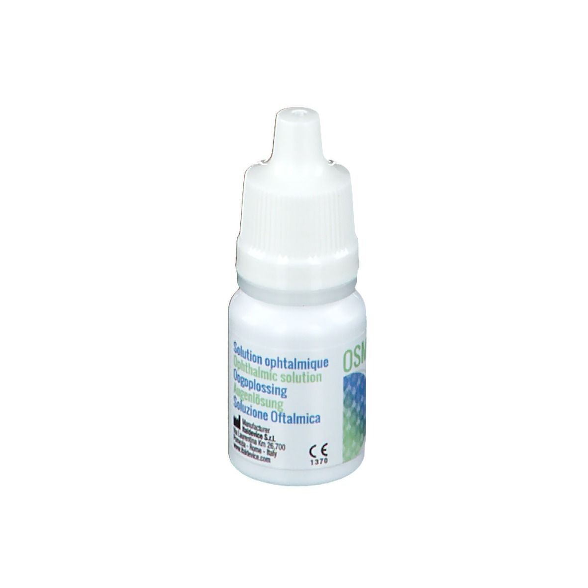 Flacon de collyre blanc avec texte. Solution ophtalmique, marquage CE.