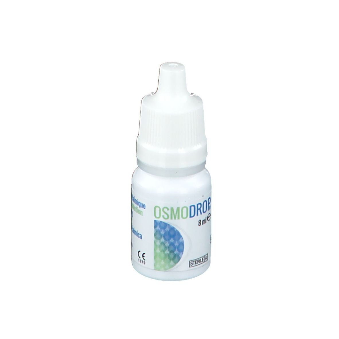 Flacon de collyre blanc avec graphique bleu-vert et texte OSMODROP. 8 ml.