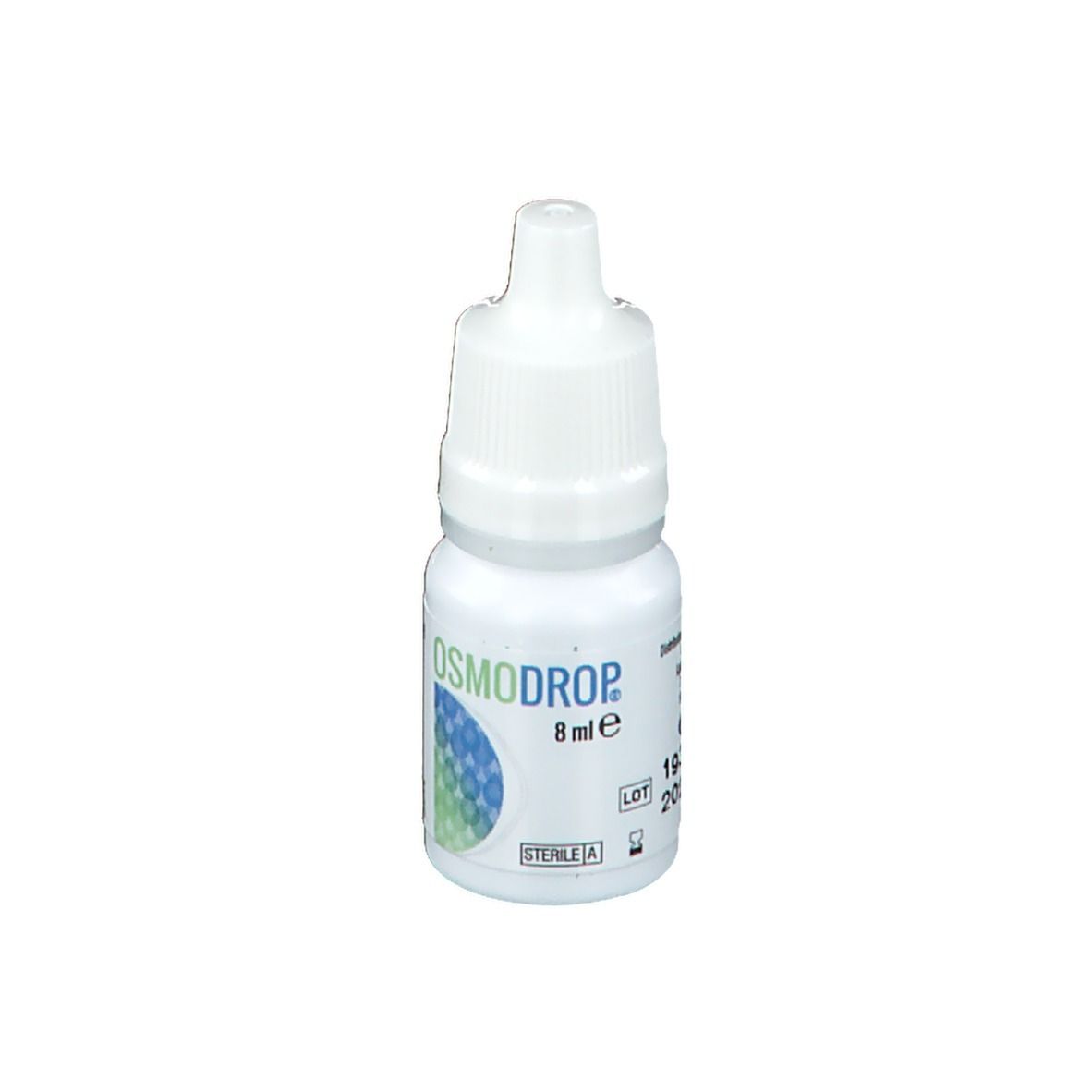 Flacon de collyre blanc avec texte OSMODROP et 8 ml. Numéro de lot.