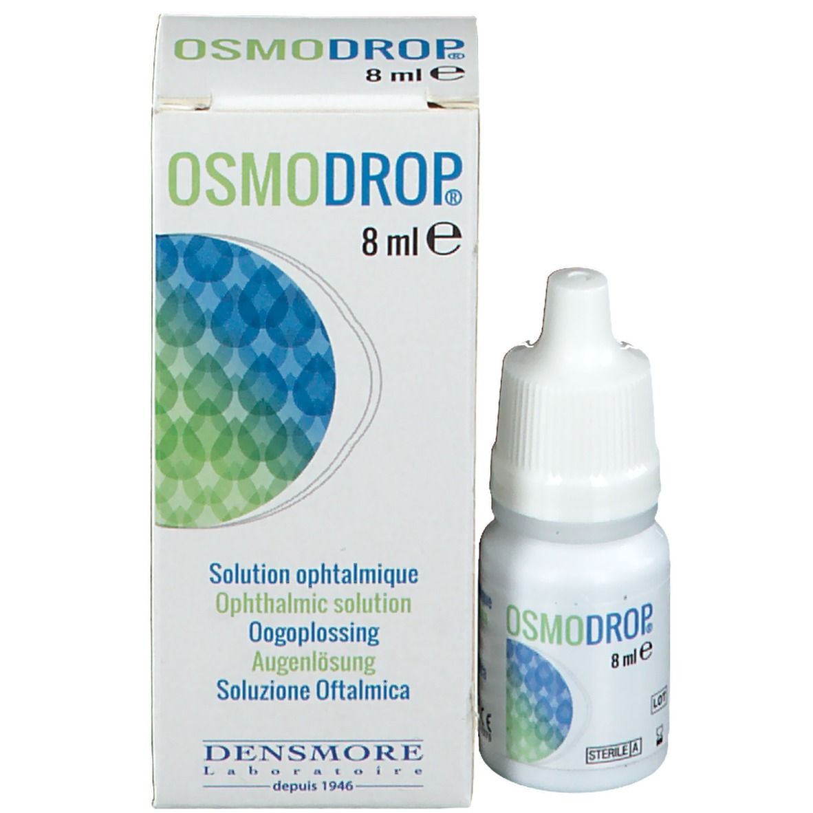 Boîte et flacon OSMODROP. Sur la boîte : nom du produit, 8 ml, textes multilingues.