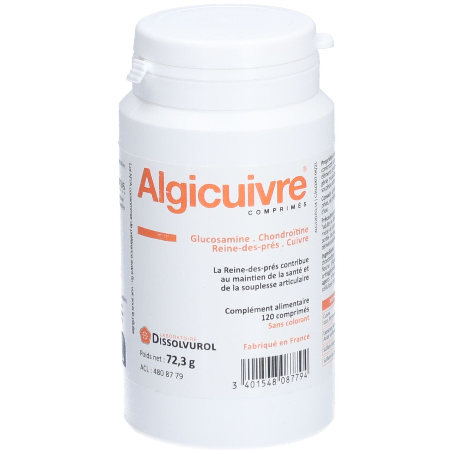 Flacon blanc Algicuivre. Contient 120 comprimés. Ingrédients : glucosamine, chondroïtine, reine-des-prés, cuivre. Dissolvurol.