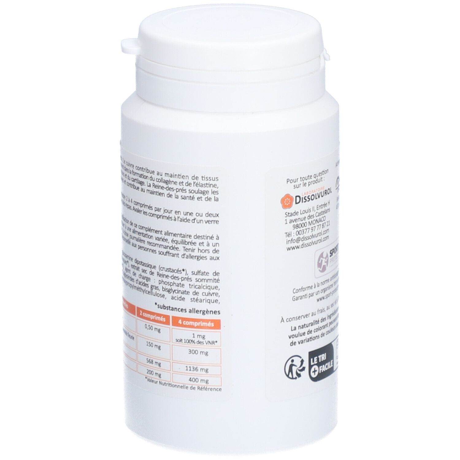 Dos du flacon Algicuivre. Informations sur les ingrédients et les valeurs nutritionnelles. Fabricant : Dissolvurol.