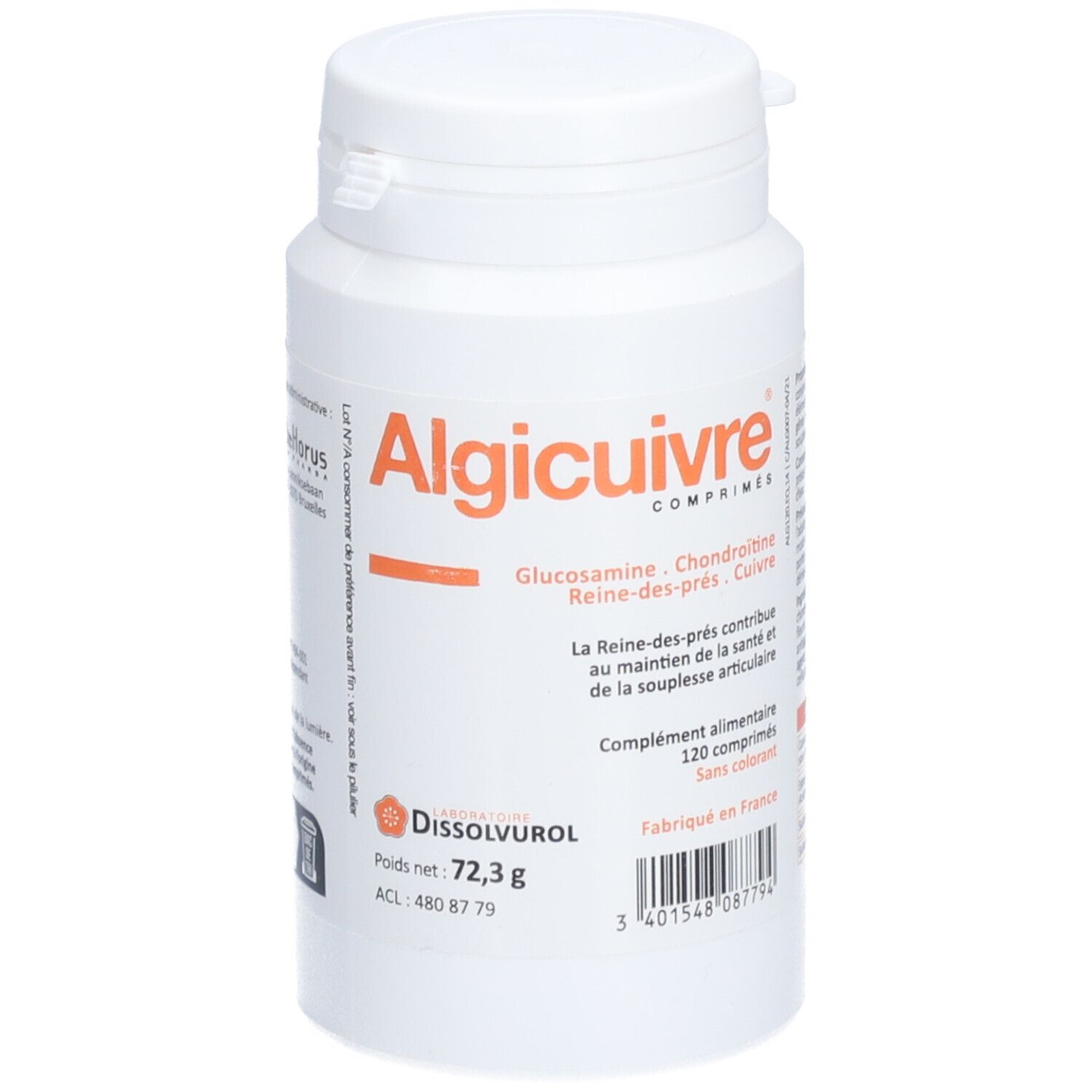 Flacon blanc Algicuivre. Contient 120 comprimés. Ingrédients : glucosamine, chondroïtine, reine-des-prés, cuivre. Dissolvurol.