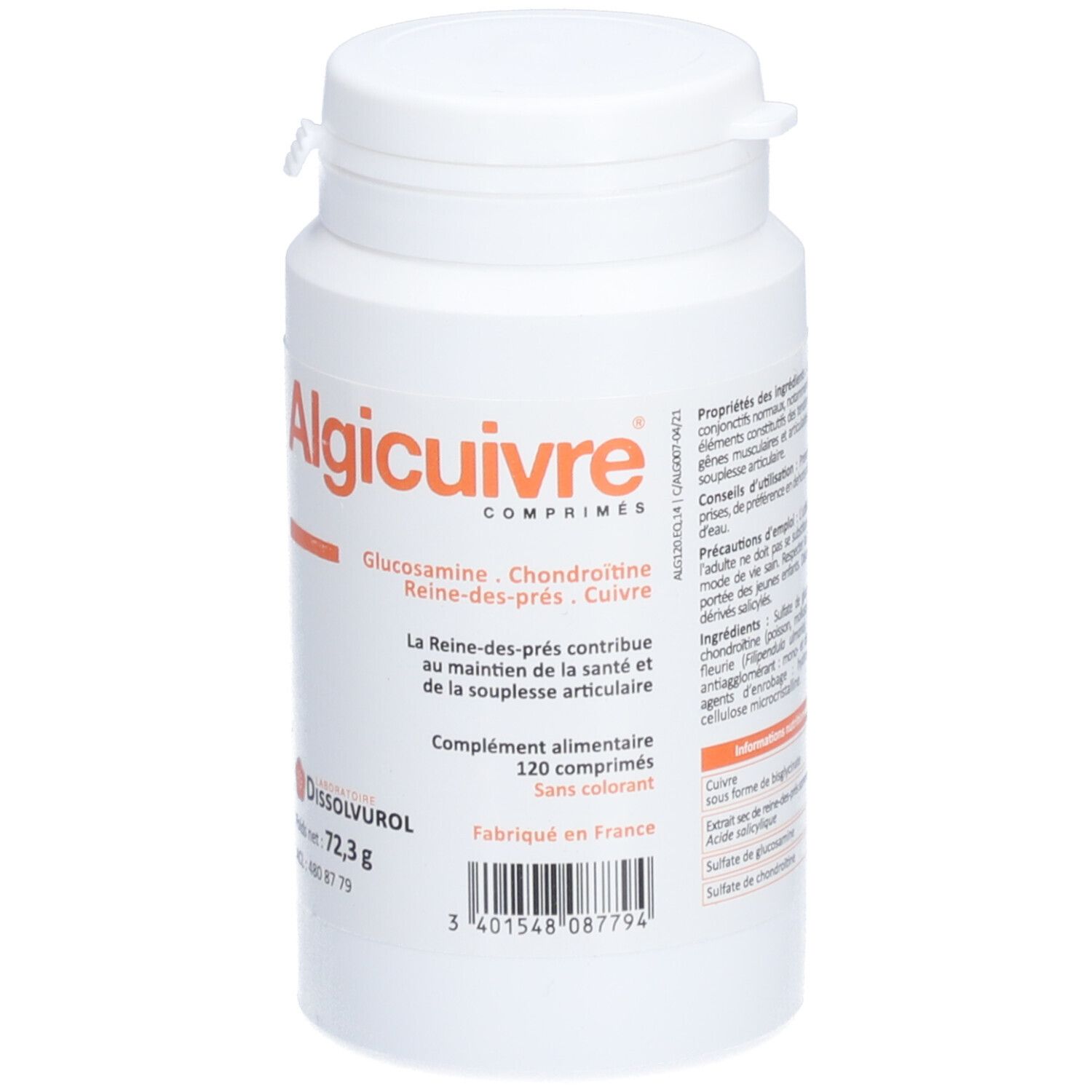 Flacon blanc Algicuivre. Contient 120 comprimés. Ingrédients : glucosamine, chondroïtine, reine-des-prés, cuivre. Dissolvurol.