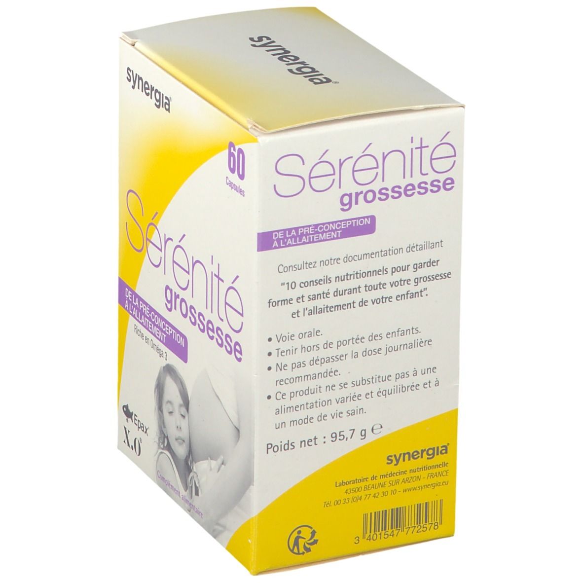 Boîte Sérénité Grossesse. Design jaune et blanc. 60 capsules. Texte: De la pré-conception à l'allaitement. Synergia.