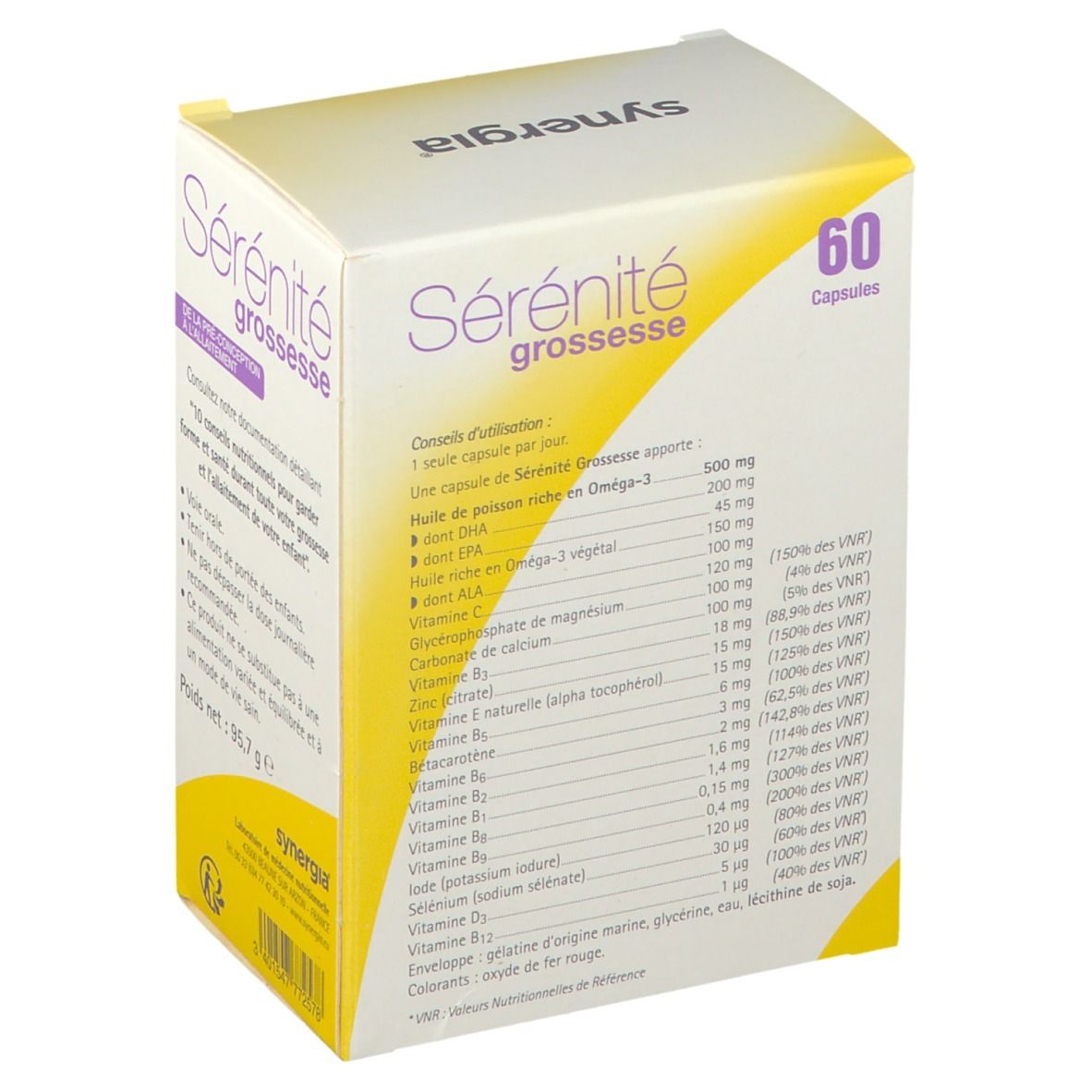 Boîte Sérénité Grossesse. Design jaune et blanc. 60 capsules. Ingrédients et informations nutritionnelles. Synergia.